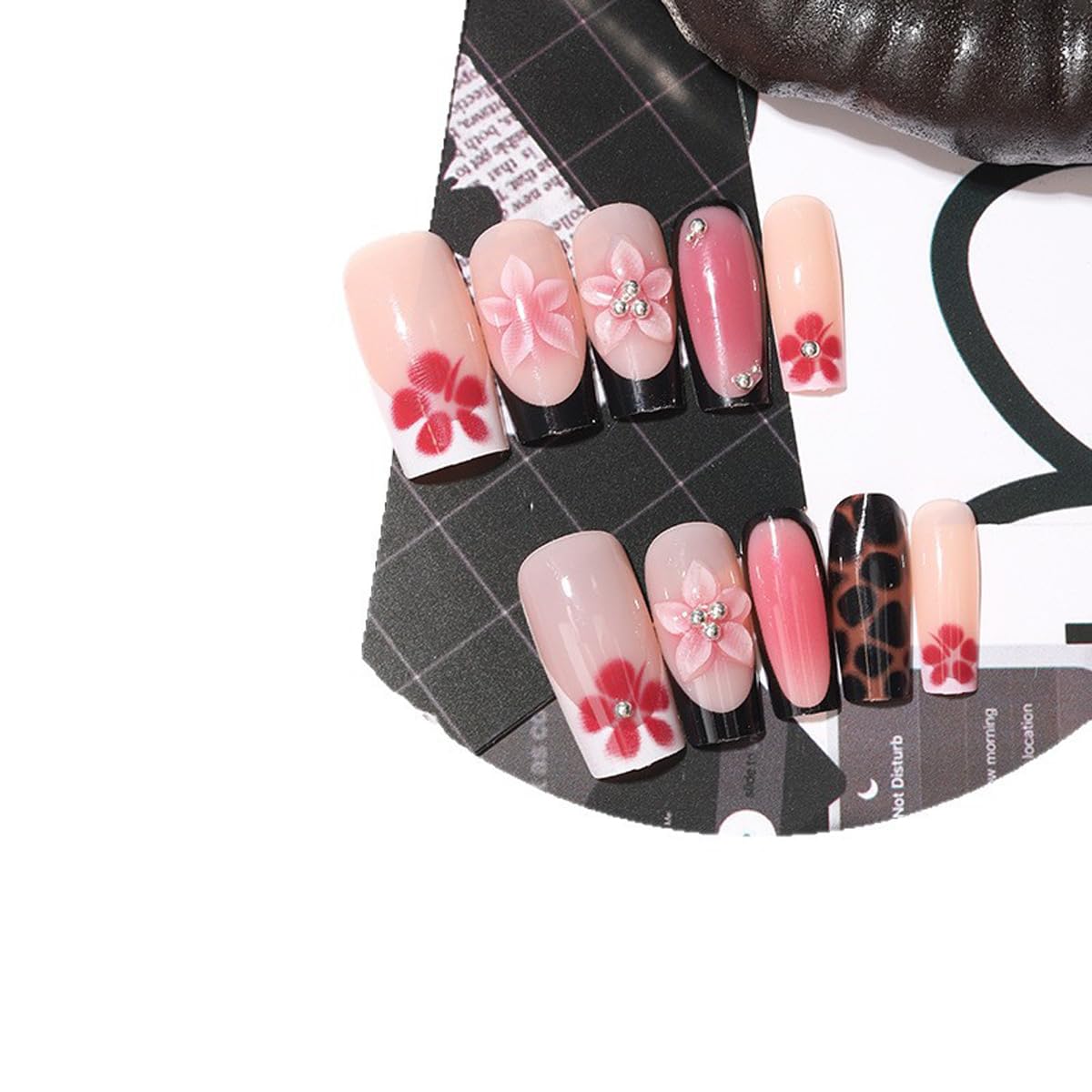 Long Square Press on Nails Black French Tip Fake Nails with Tortoise Shell & 3D Flower Pearls Design Nude False Nails Full Cover Glue on Nail for Women, Elegant Dark Floral Manicure Kit 24Pcs