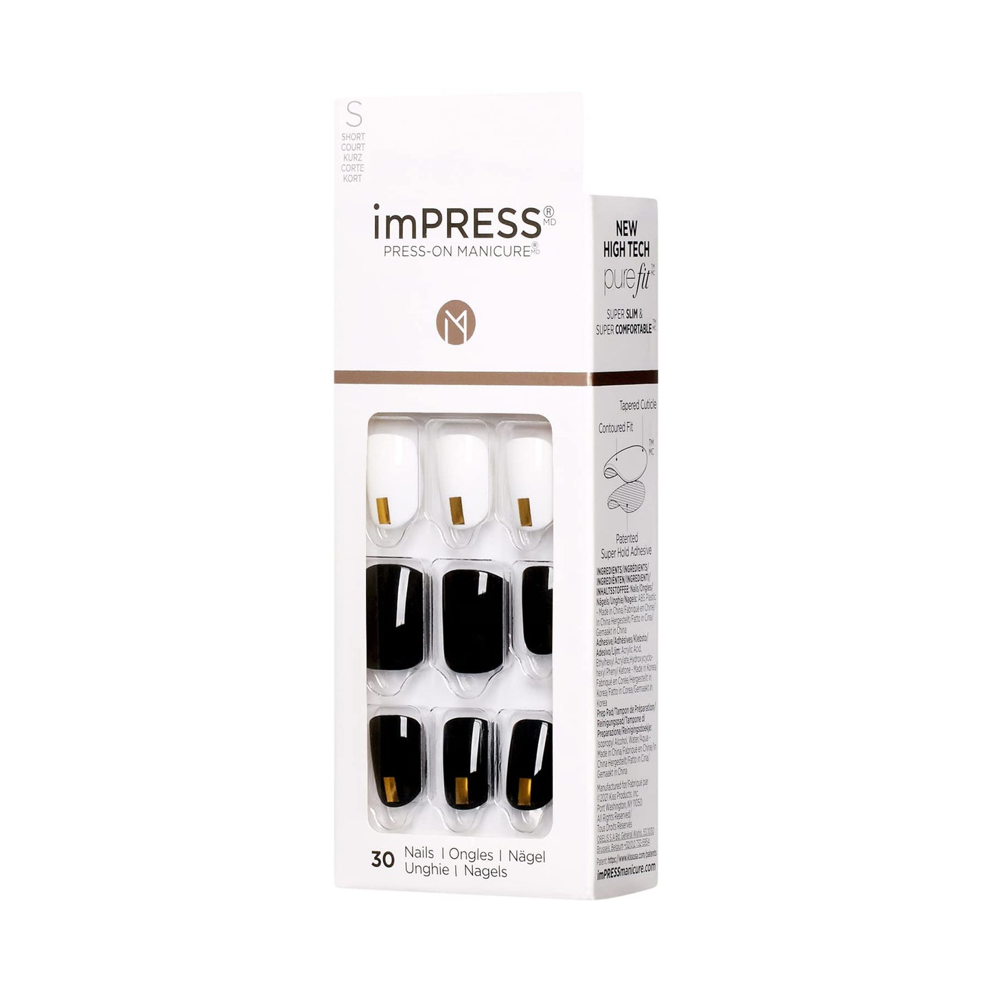 KISS imPRESS Press-On Manicure, Nail Kit, PureFit Technology, Short Press-On Nails, Midnight Drive', Includes Prep Pad, Mini Nail File, Cuticle Stick, and 30 Fake Nails (Pack of 2)