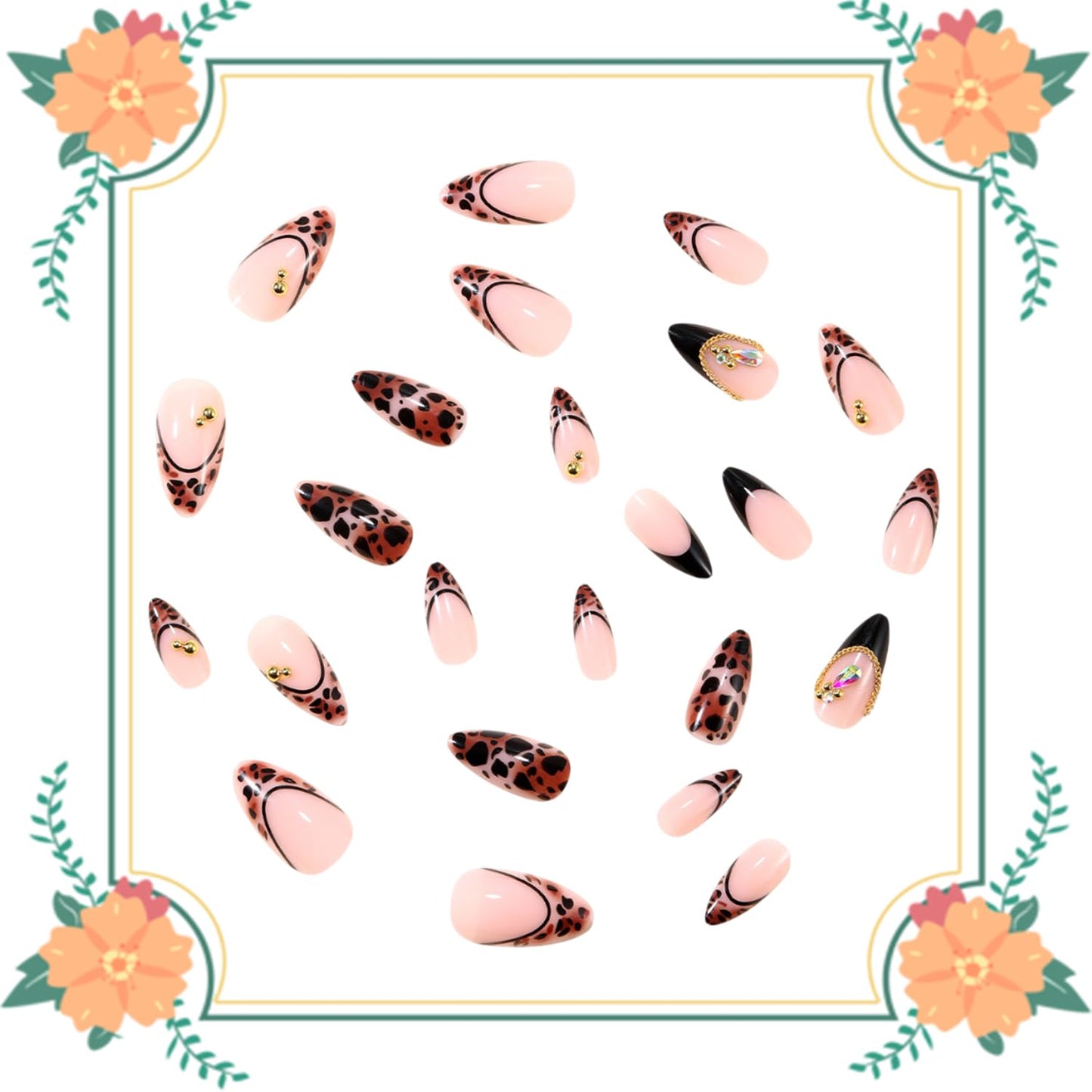 24Pcs French Black Leopard Print Press on Nails Medium Artificial Almond Acrylic Fake Nails Gold Beads Stick on Nail Full Cover Metal Chain Reusable Coffin Artificial Fingernails for Women Manicure