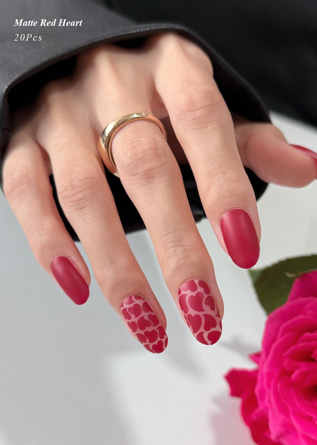 AutyaMee Semi Cured Gel Nail Strips (Matte Red Heart), Valentine's Day, 20 Pcs Gel Nail Wraps, Stickers, Salon Quality, Works with Any UV Lamps