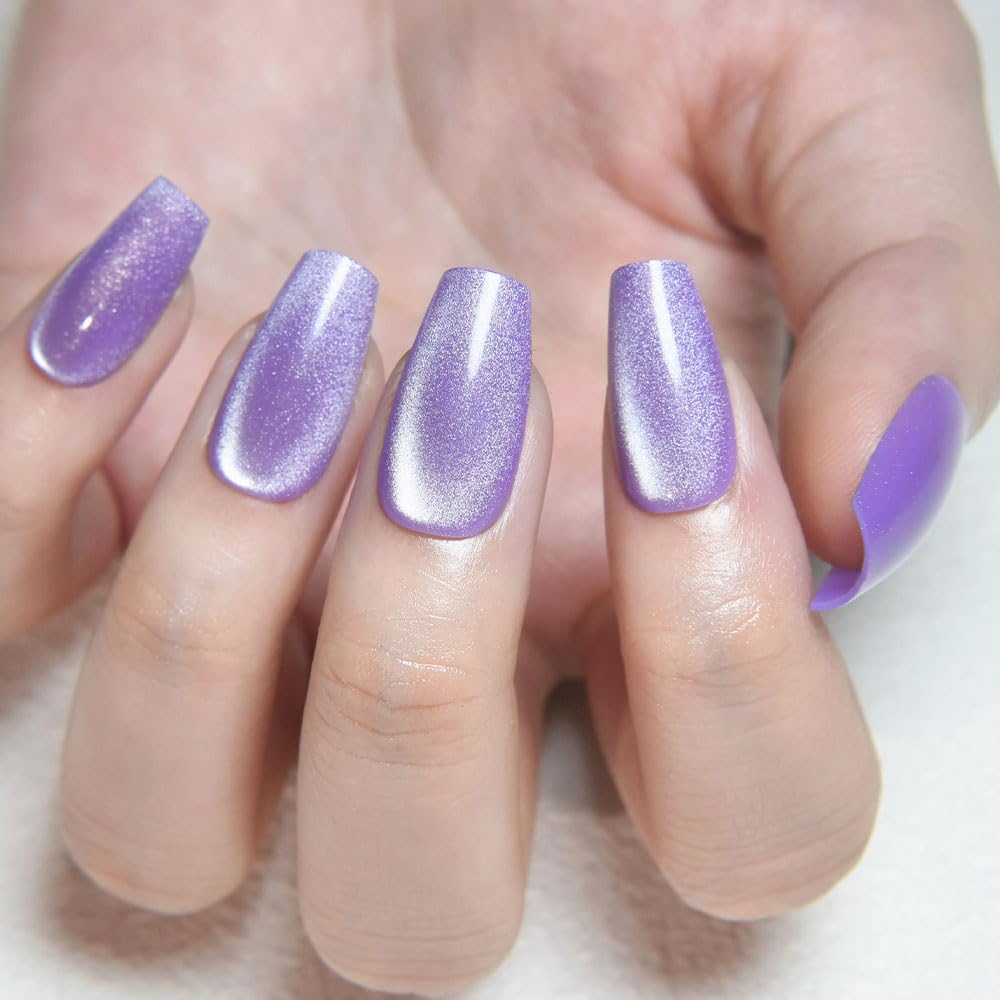 evpct Violet Purple Cat Eye Coffin Press on Nails Medium Square No Glue, Medium Square Stick on Nail for Women, Purple Metallic Glitter Glossy Reusable Soft Press on Acrylic Fake Nail with Designs