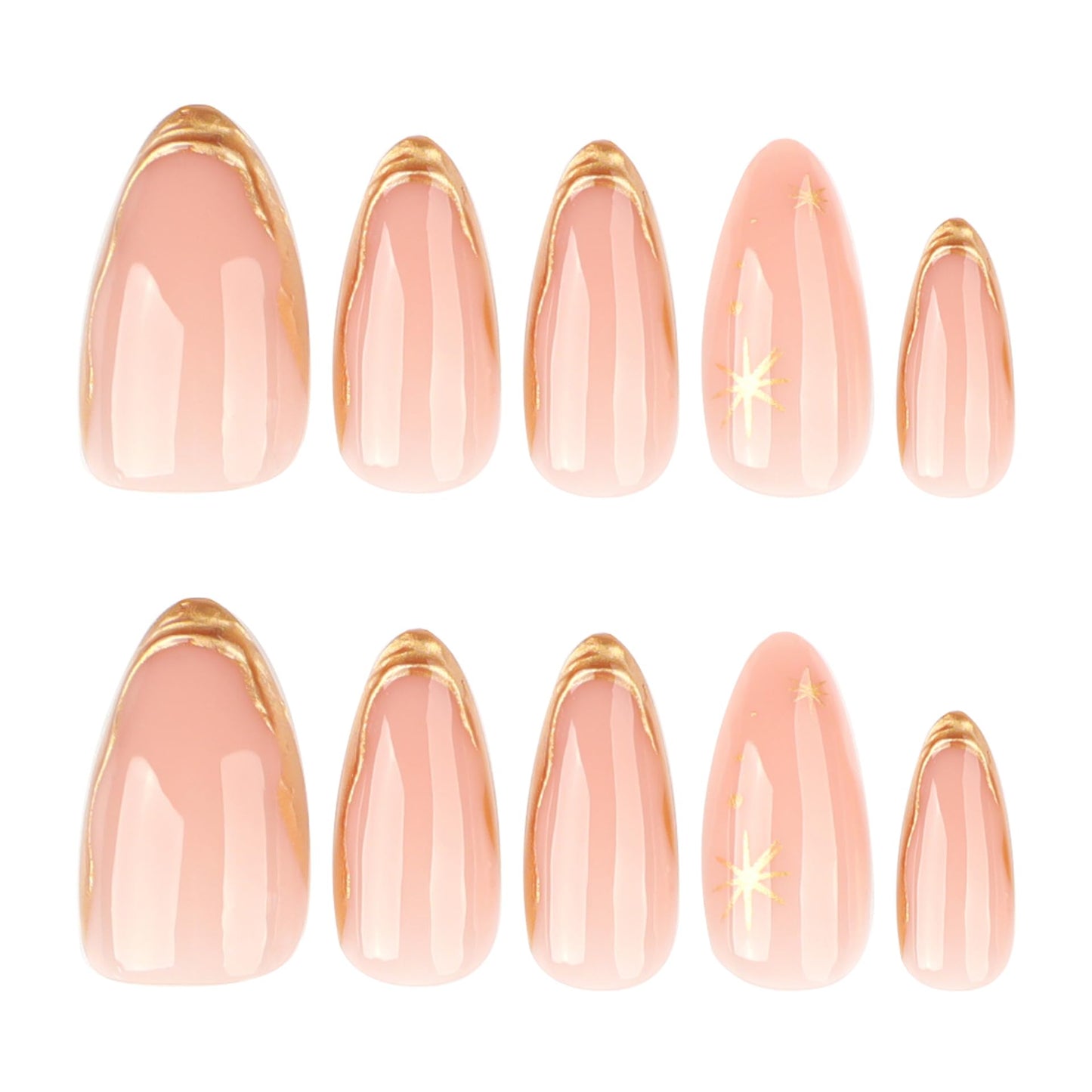 Gold Press on Nails Almond Medium Length Nude Fake Nails with Star Designs Pink False Nails Full Cover Glossy Summer Fingernails Stick on Nails for Women French Manicure Kit