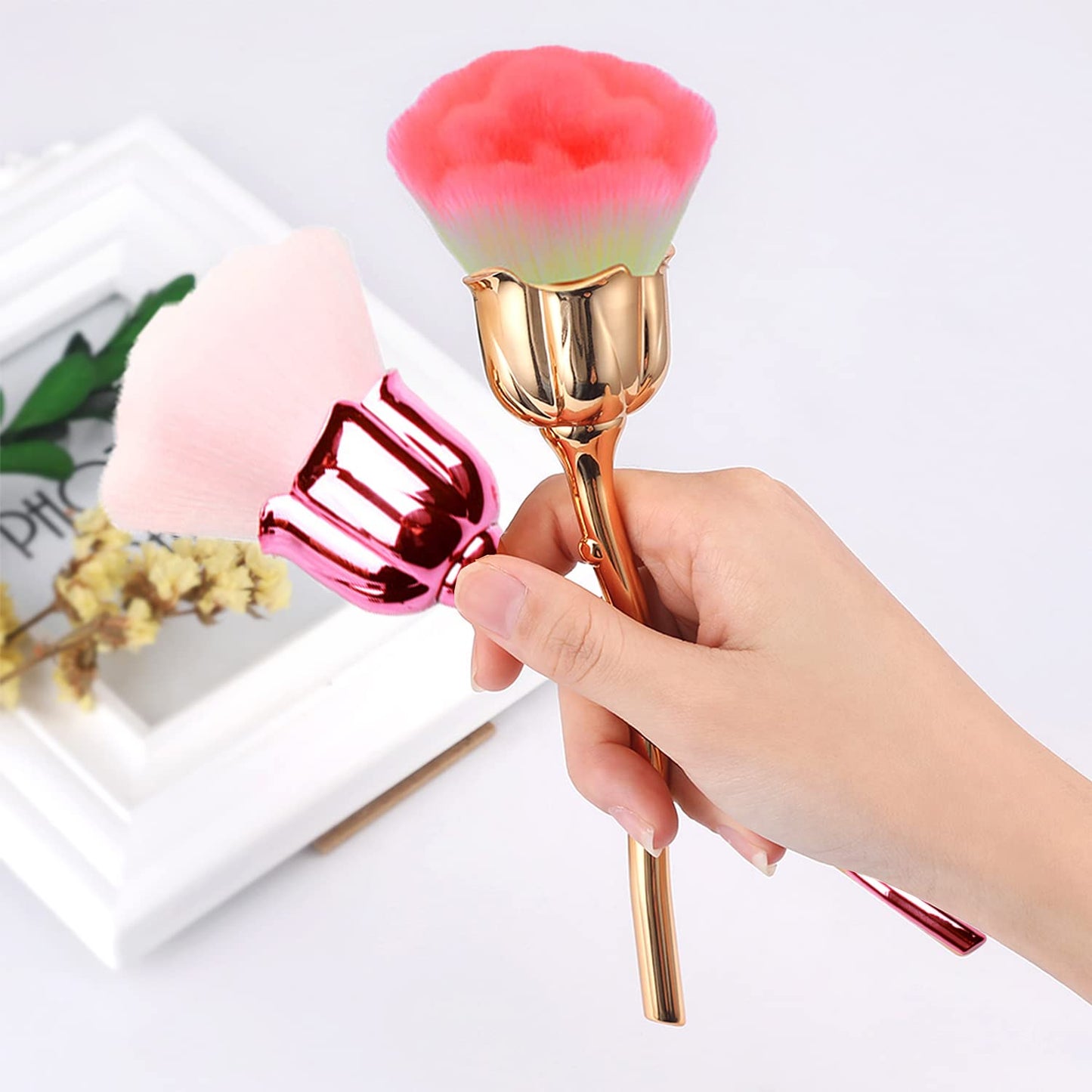 JERCLITY 2 Pieces Rose Makeup Brushes Blush Brush Super Large Face Powder Makeup Brushes kabuki brushes for Powder Cosmetic Nail Dust Brush Loose Powder Brush Makeup Manicure (Gold/Pink)
