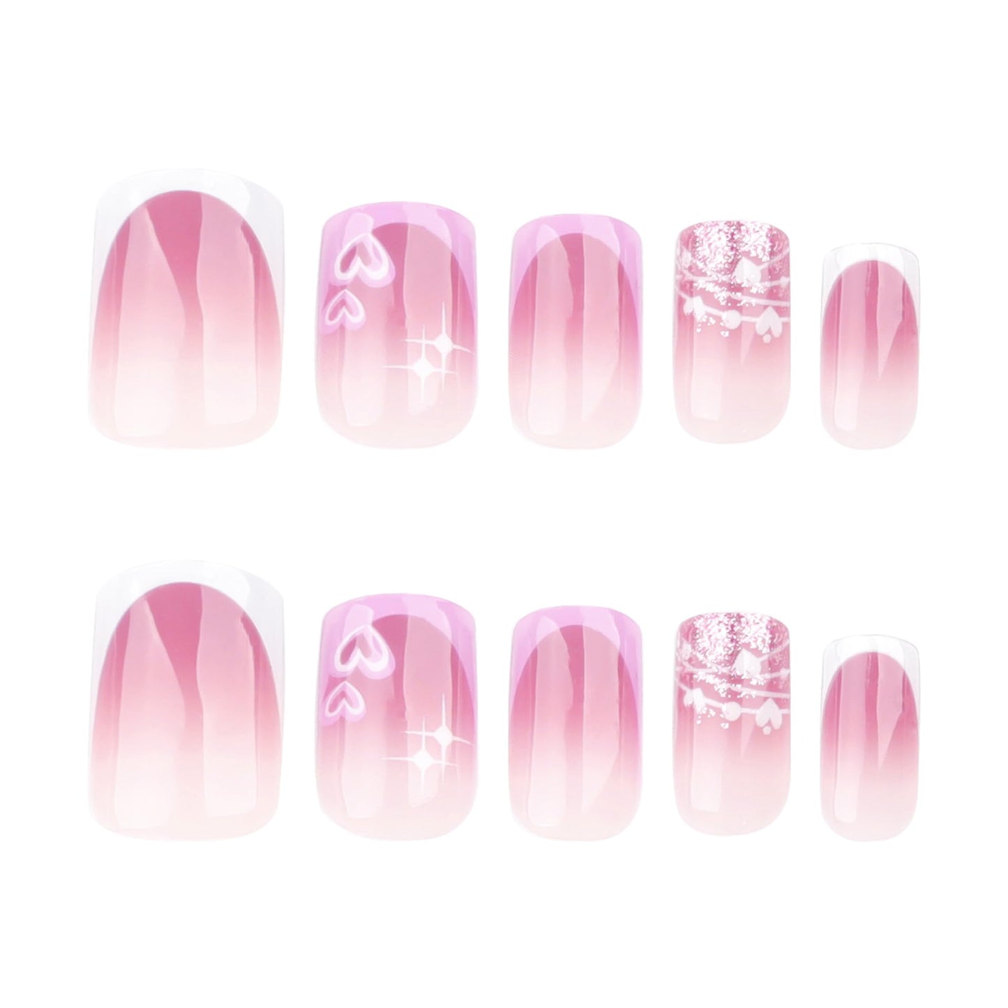 Medium Press on Nails Square Fake Nails Pink French Tips Acrylic False Nails Silver Stars Glue on Nail Curve Line Glossy Pink Gradient Stick on Nails Purple Ombre Artificial Nail for Women 24Pcs