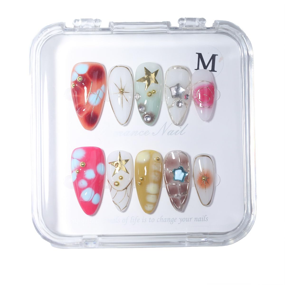 10Pcs Medium Almond Handmade Press On Nails | Easy Apply & Remove, Reusable Salon Quality Nails | Y2K Punk Multicolor Fake Nails with 3D Floral, Star & Gold Bead Accents (5U01, M)