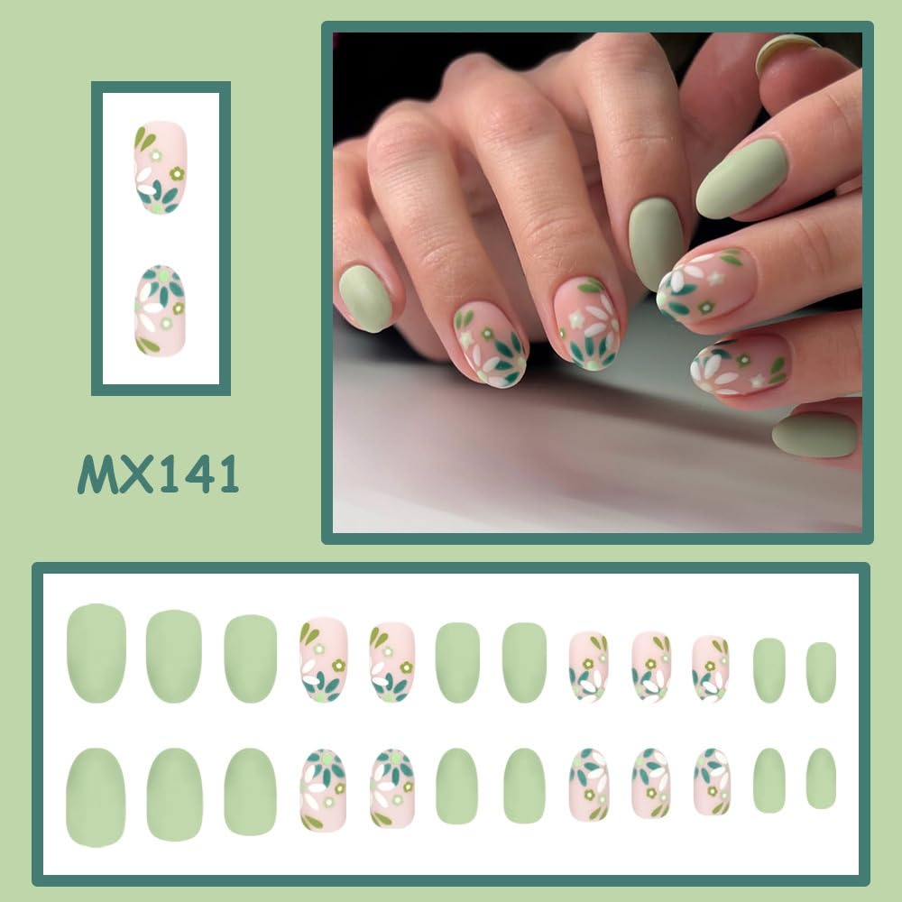 Almond Press on Nails Medium Fake Nails with Green Flower Design Glossy Full Cover Green False Nail Cute Floral Daisy Nail Press ons Reusable Spring Summer Acrylic Nail for Women Manicure 24Pcs