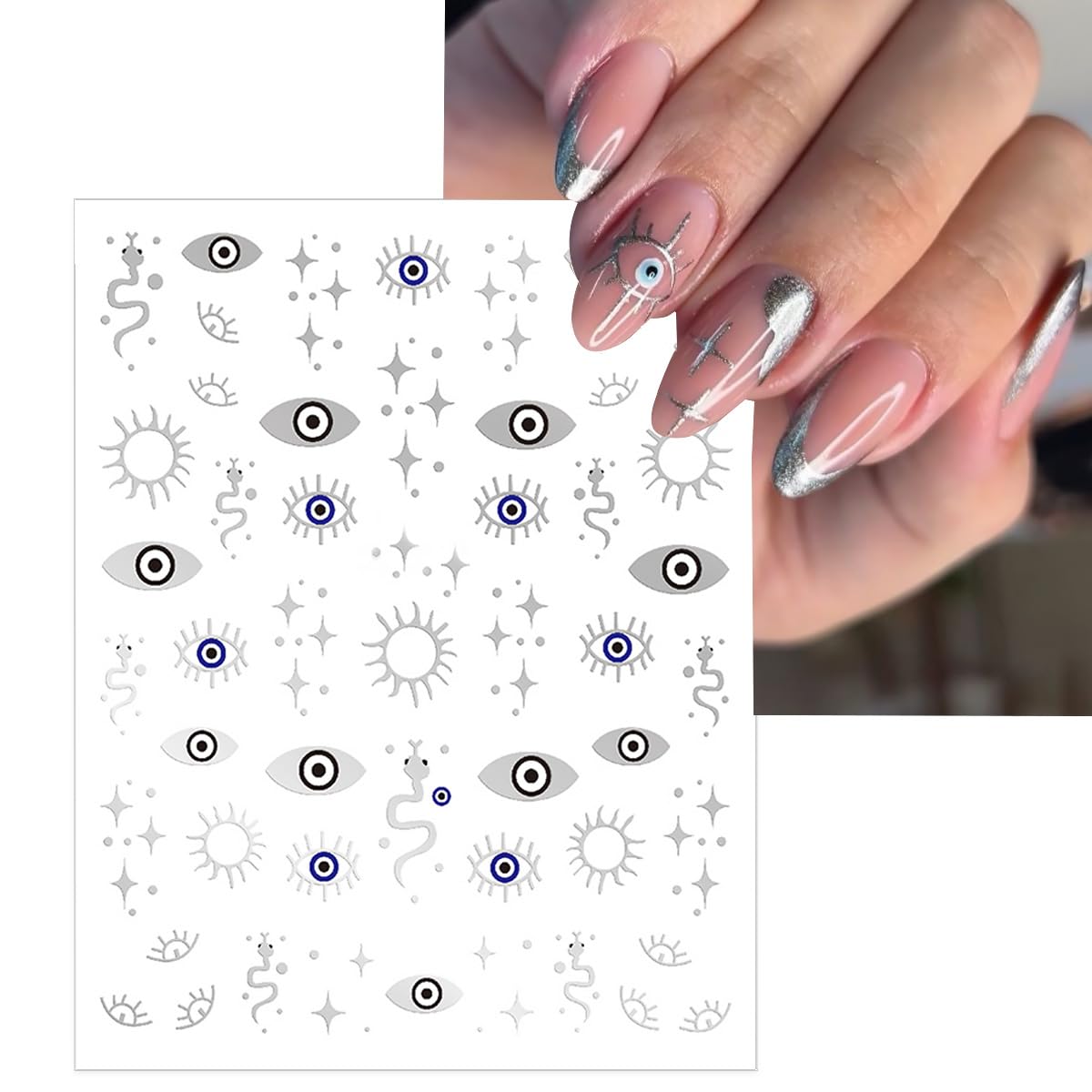 6 Sheets Halloween Eye Nail Art Stickers 3D Self Adhesive Gold Silver Nail Stickers Gothic Eye Nail Decals Star Sun Nail Art Supplies Halloween Holiday Nails Supply for Women DIY Manicure Kit