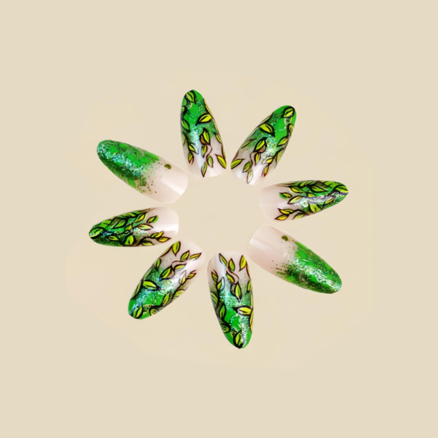 Green Plant Gradient Press on Nails Medium Almond Fake Nails Glitter Gradient False Nail Design Green Leaves Glossy Acrylic Nails for Women Girls DIY Manicure Decoration 24Pcs