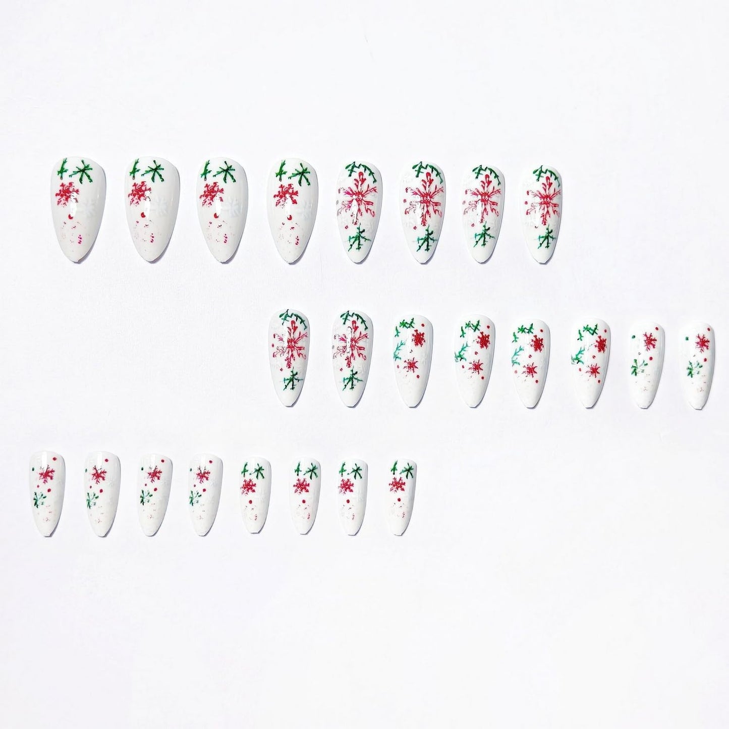 Christmas Press on Nails Short Almond Fake Nails Glitter White False Nails with White Red Green Snowflake Design Full Cover Snowflake Acrylic Nail for Women DIY Manicure Decoration 24 Pcs