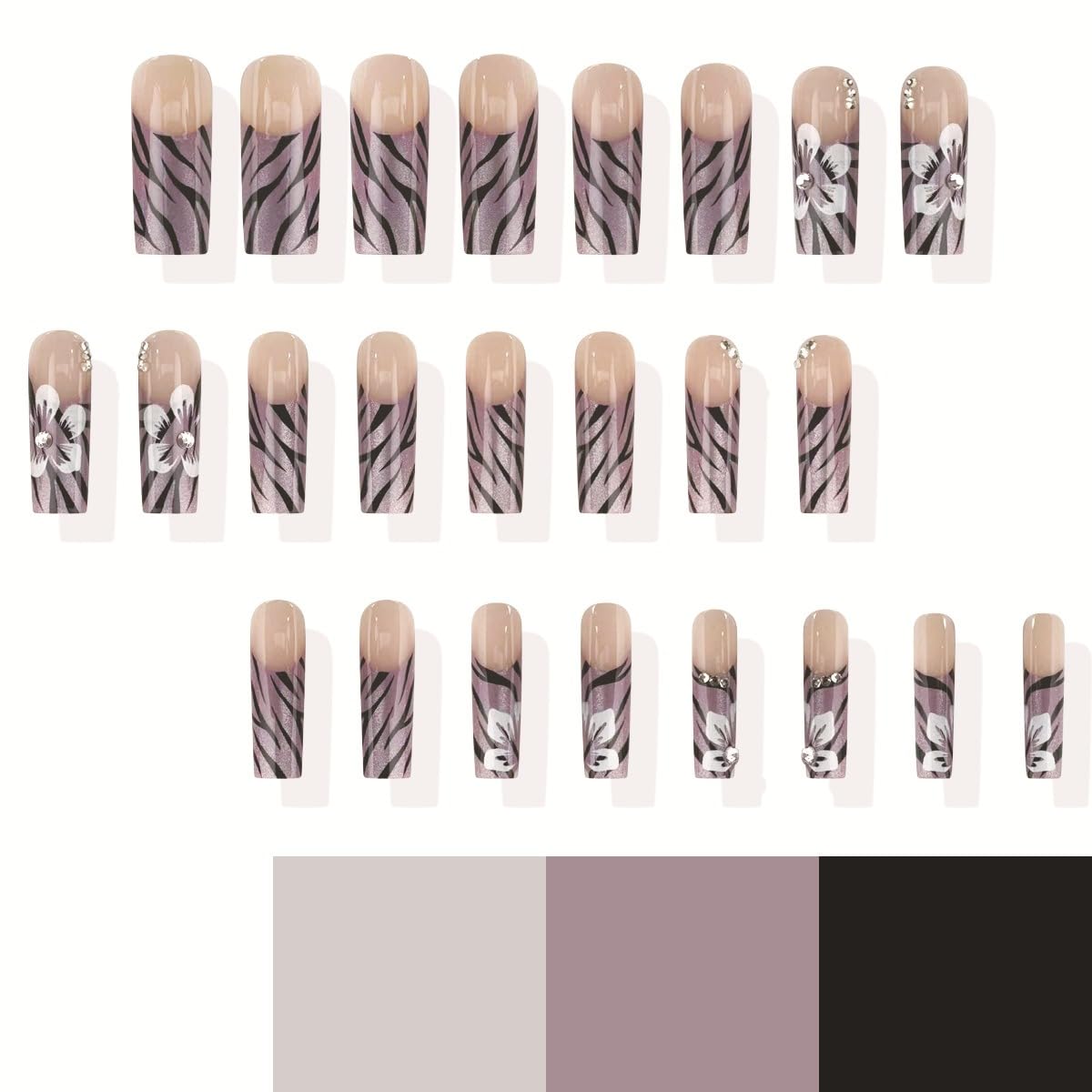 24Pcs Purple Press on Nails Long Coffin French Tip False Nails Glossy Flower Acrylic Fake Nails with Glitter Rhinestones Design Black Stripes Stick on Nails Reusable Glue on Nails for Women