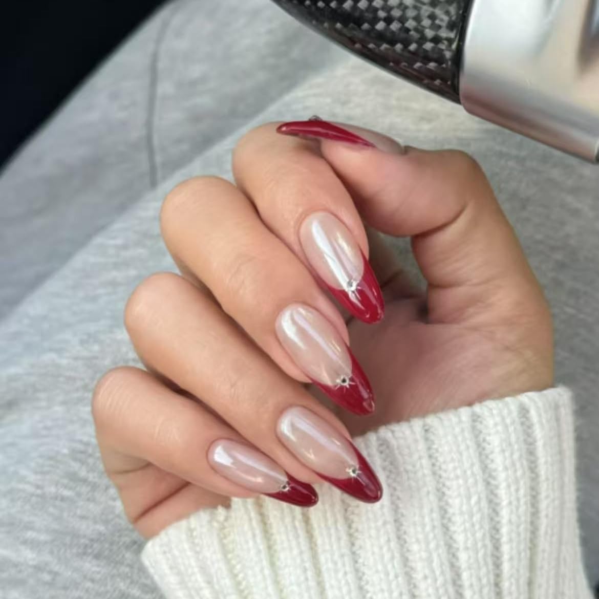 Handmade Red French tip Press on Nails Christmas long style Almond Fake Nails with Glue Full Cover Glossy False Nails Stick on Nails for Women Manicure Aurora Powder Decoration 10PCS (MT-124-M)