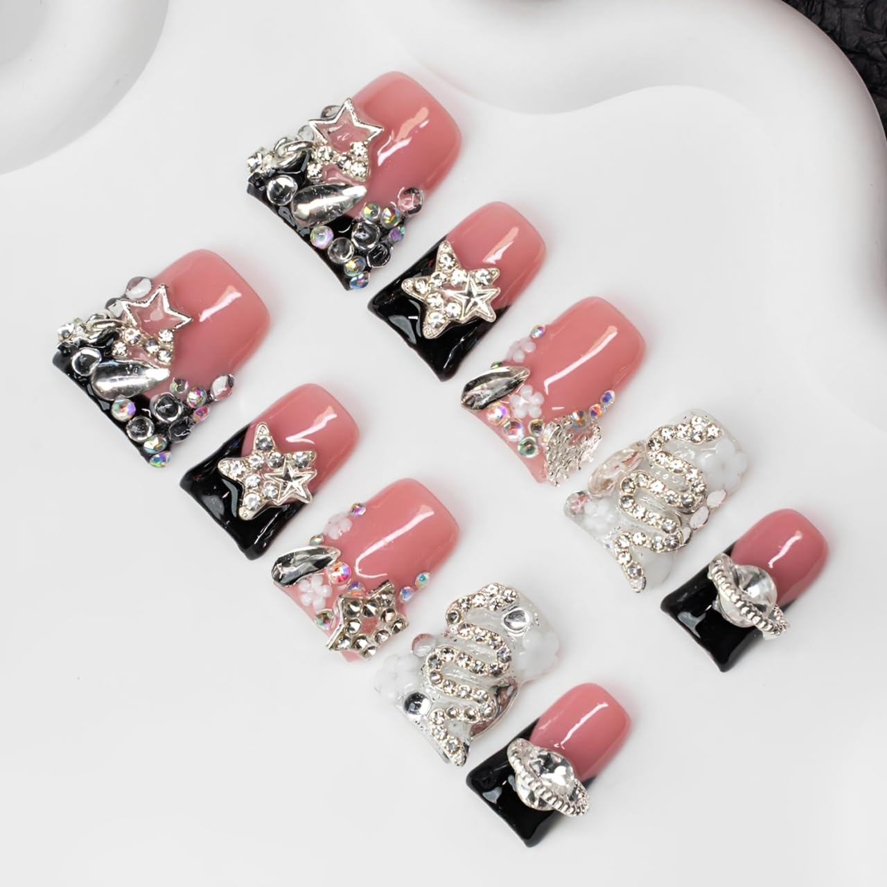 Handmade Press on Nails 3D Flower Nail Art Fake Nails Luxury Handmade Rhinestone & Stars Black French Tip Short Duck Acrylic Nail with Flower Design Thicked Stick on Nail for Women (S)