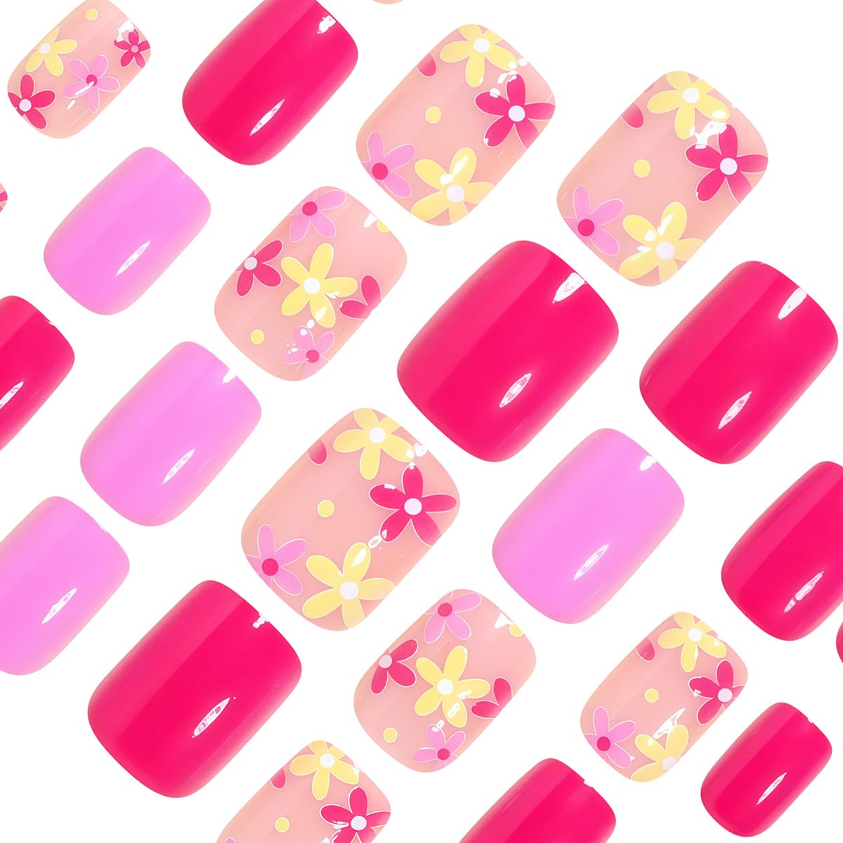 LINMEIZAI Press on Nails Short Square Spring Flower Glossy Acrylic Fake Nails Press ons Glue on False Nails for Women Reusable Cute Manicure Set Rose Red Pink Stick on Nails French Tip Kit 24Pcs