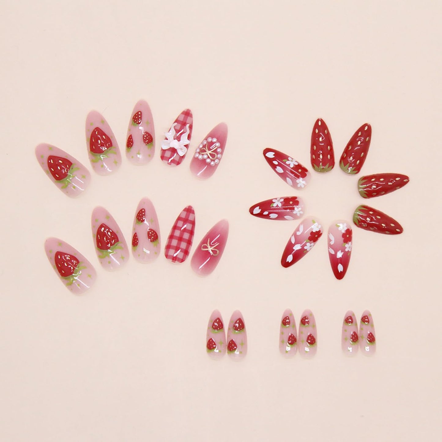 Almond Press on Nails Medium SWEKKE Fake Nails Aesthetics False Nails with Strawberry Bow Flower Designs Full Cover Glossy Glue on Nail Acrylic Nails for Women Girls 24Pcs