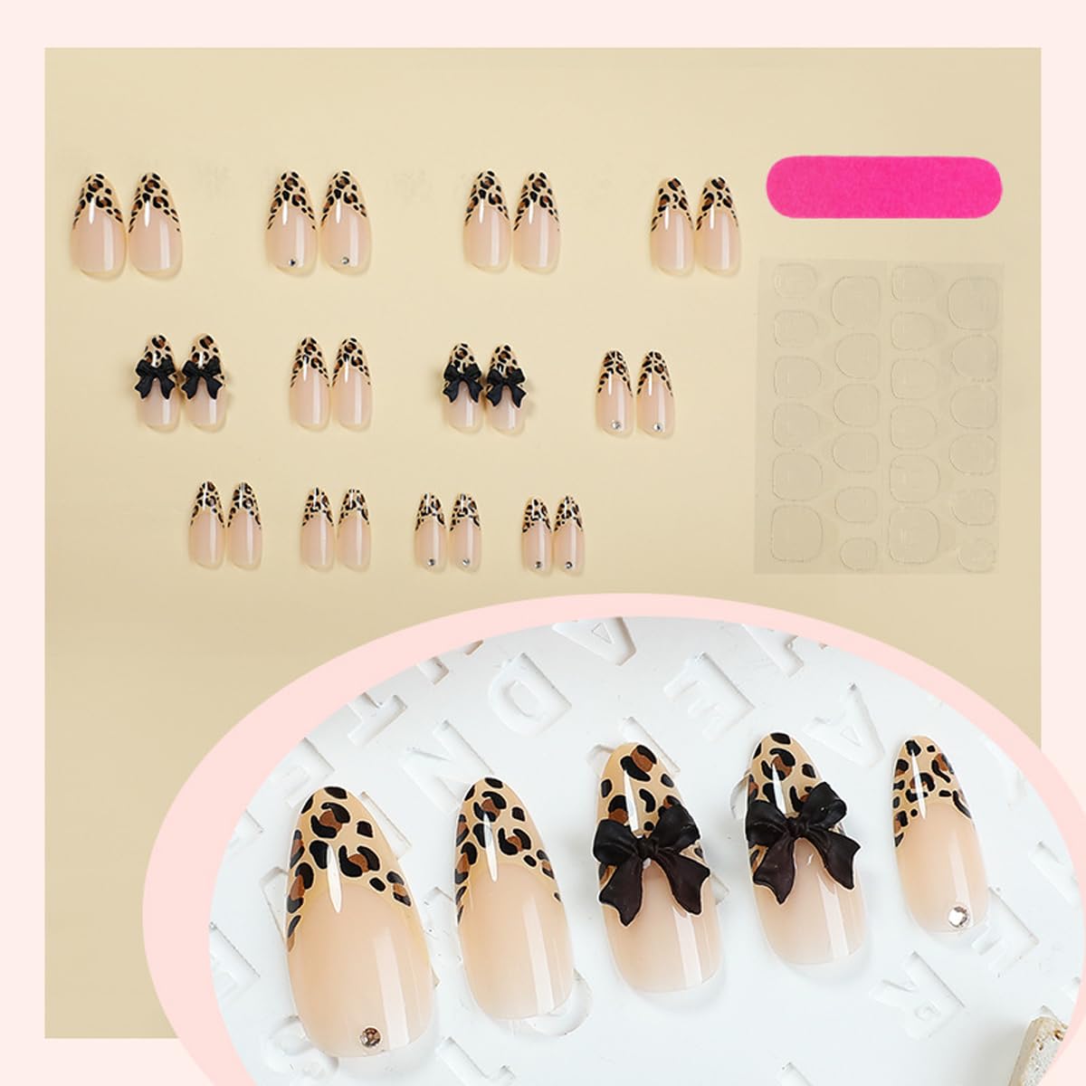 Leopard print French Tip Nail Press ons Medium Almond Fake Nails Bow False Nail with Design Glossy Full Cover Artificial Acrylic Stick on Nail for Women Girls Manicure 24Pcs