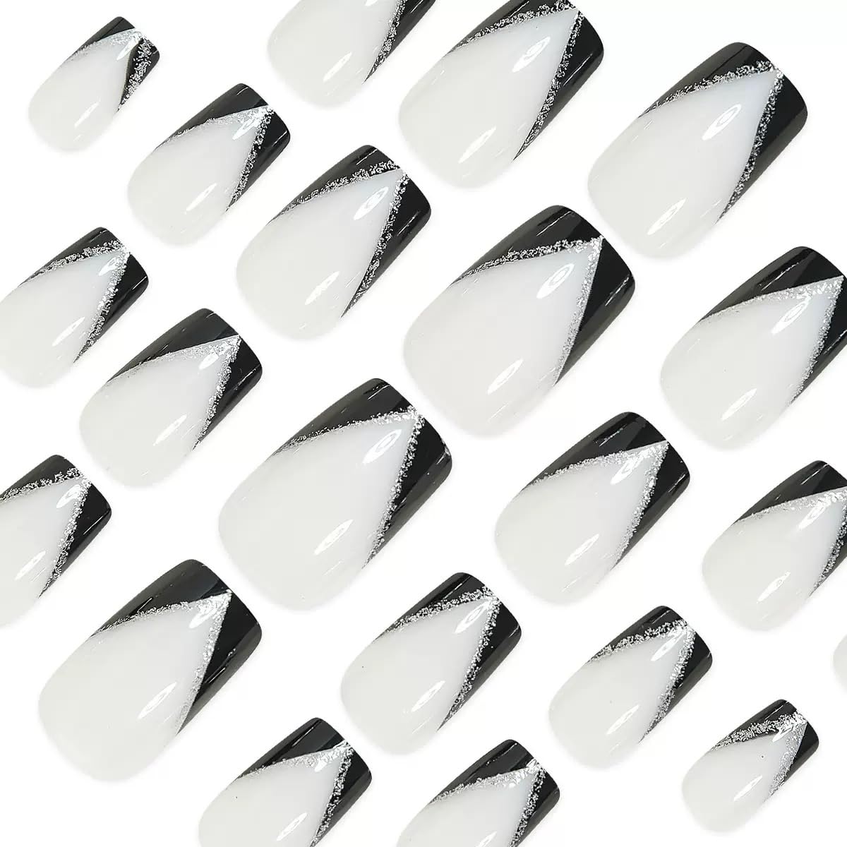 Square Press on Nails Medium - Black French Tip Fake Nails with Glitter Design - Wihte False Nails， Glossy Stick on - for Women 24 Pcs