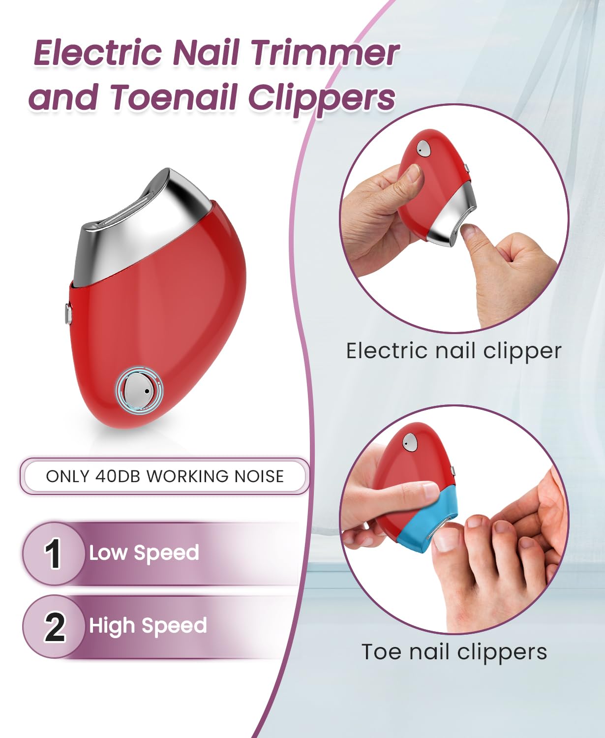 Electric Nail Clipper, Electric Toenail Trimmer with Replacement Blade Heads, 2 Speeds, Magnetic Cover, Nail Scraps Storage, Automatic Electric Nail File for Thick Toenails, Adult, Seniors (Red)