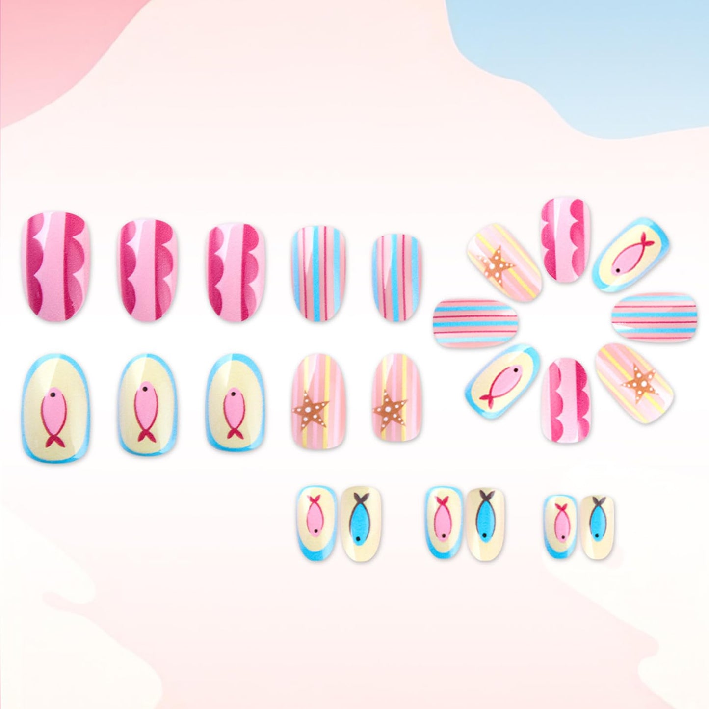 Cute Fish Press on Nails With Ocean Design, Glossy Colorful Striped Fake Nail, Medium Oval False Nails Starfish Glue on Nail, Beach Stick on Reusable Acrylic Fingernails for Women Summer Daily Wear