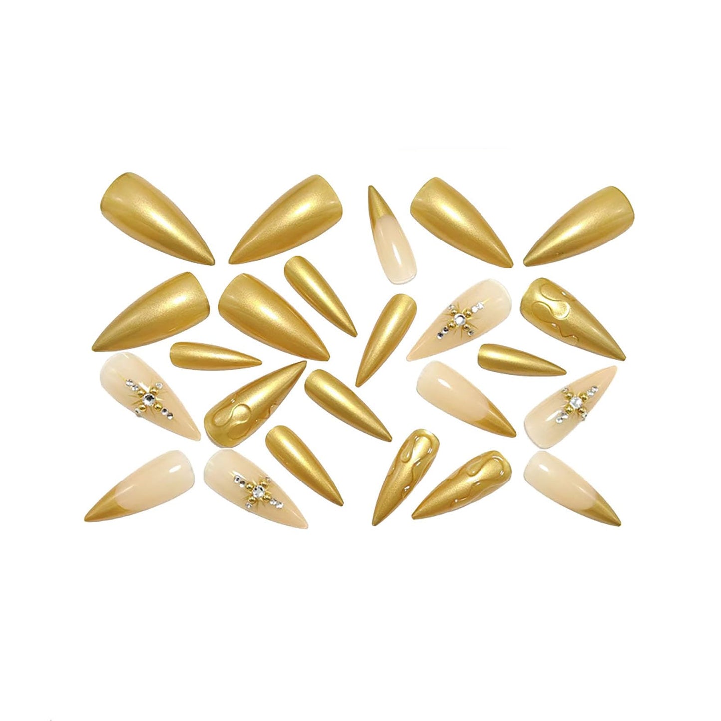 RUOKEXIN Long Stiletto Press on Nails French Tip Fake Nails Gold False Nails with Rhinestones Designs Almond Nail Press ons Sparkly Artificial Nails for Women 24Pcs