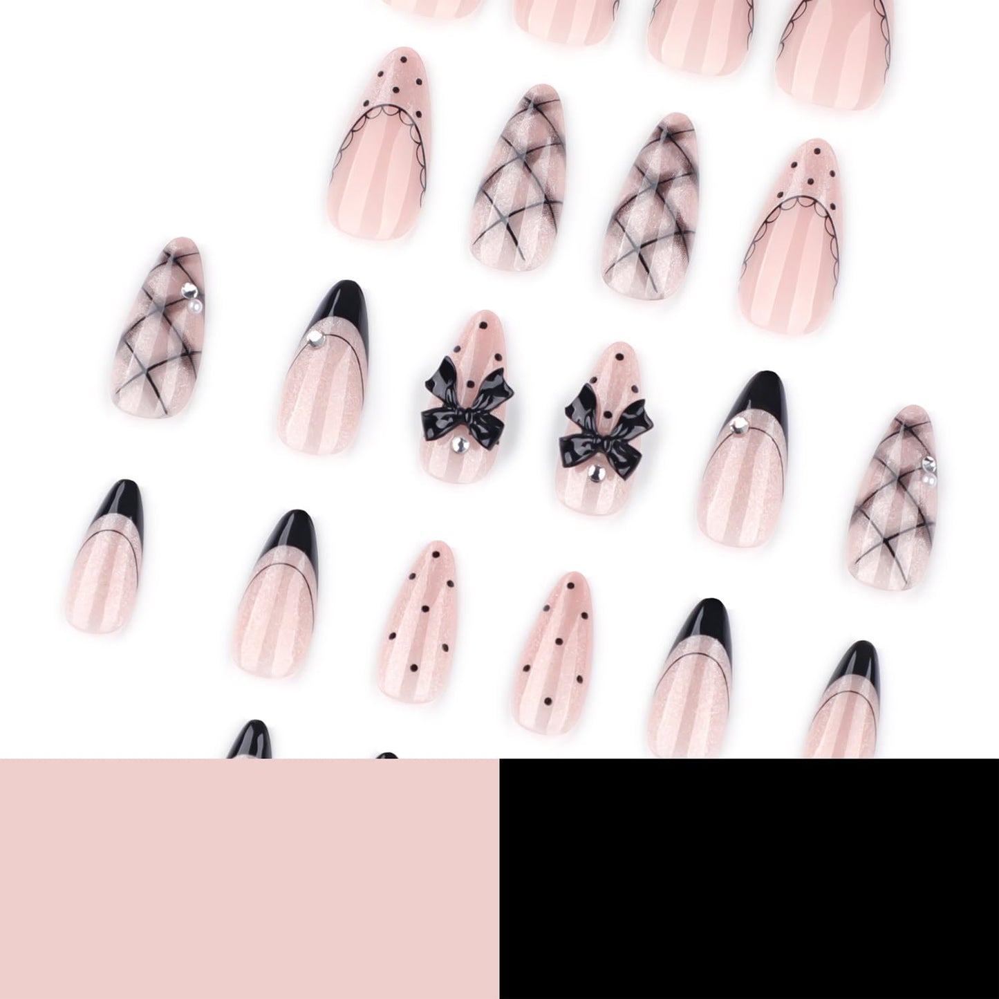 Black Silver Glitter Press on Nails Almond Shape, French Tip Grid Bowknot Design, Glossy Nude Base, Cute Cool Style False Nails for Girls and Women with Rhinestones, Daily Party Nail Art