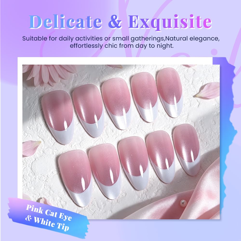 evpct Pink Cat Eye French Tip Press on Nails Almond Medium No Glue, White French Tip Medium Almond Holographic Stick on Nails for Women, Reusable Full Cover Soft Press on Nail Perfectly with Design