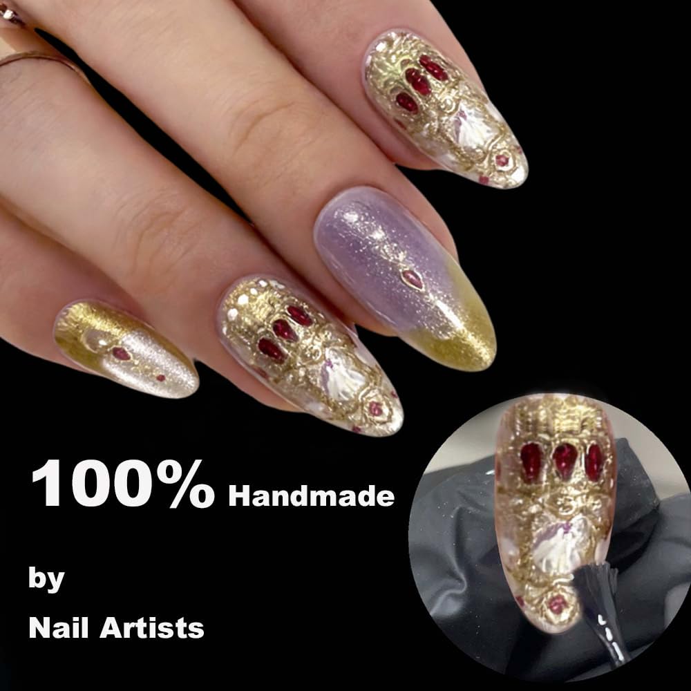 Redykat 30PCS Handmade Buccellati Press On Nails,Gold Chrome Press on Nails, Almond Salon Quality Nail art, Gold and Purple Cat Eye Gel Fake Nails (Golden Buccellati)