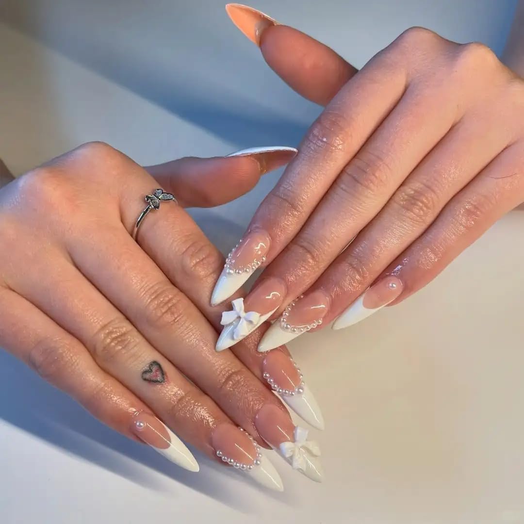 Handmade Press on Nails Almond Pearl White Fake Nails French Glossy 3D False Nail Tips Artificial Nails Finger Manicure for Women&Girls -10 pcs (MT-102, M)
