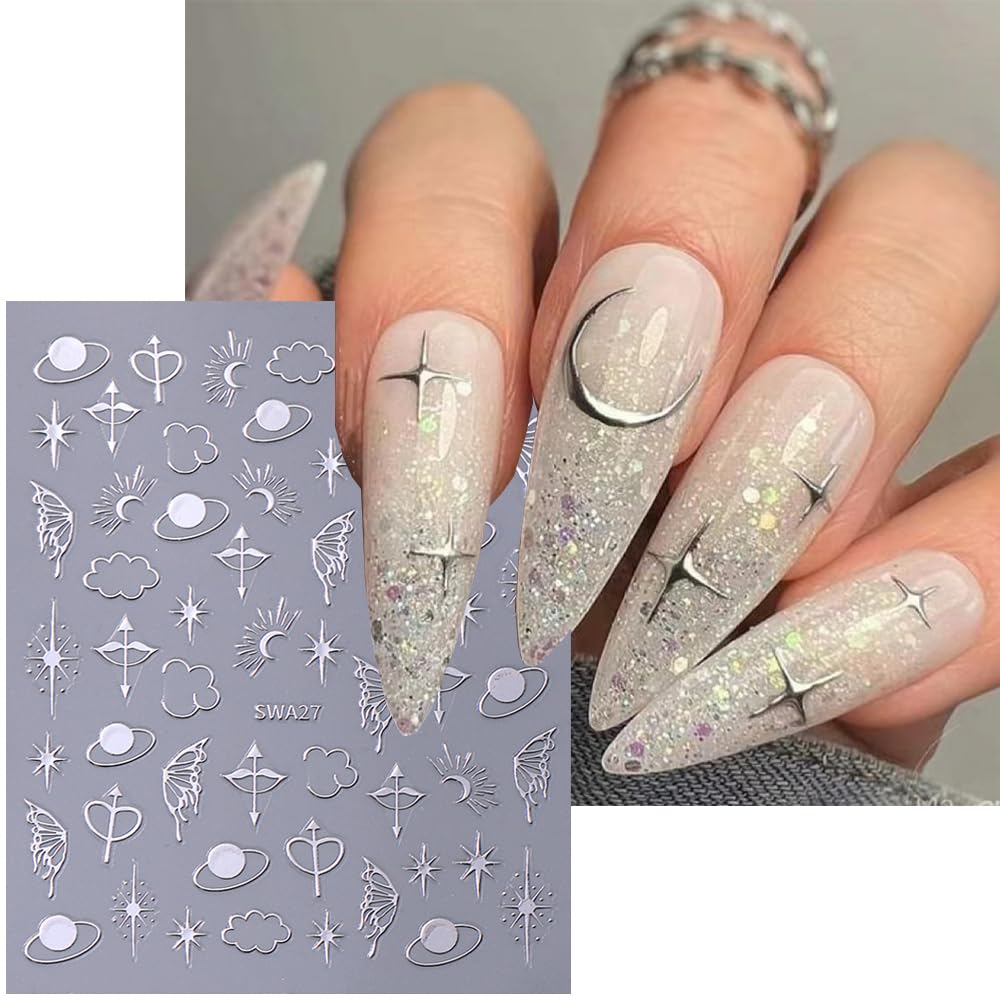 6 Sheets Star Nail Stickers for Nail Art, 3D Self-Adhesive Nail Decals, Moon Butterfly Nail Supplies Nail Art Design Accessories for Women Girls Manicure DIY Decoration