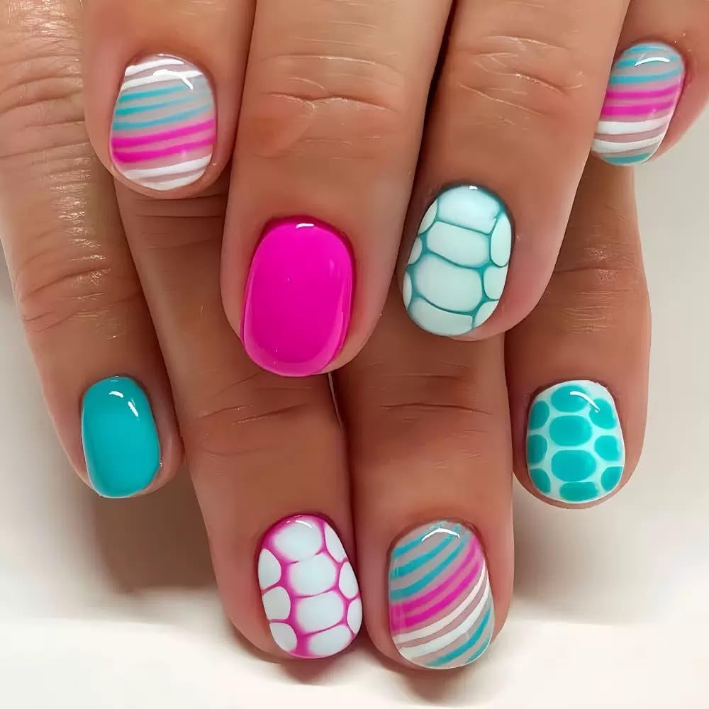 144 Pcs Summer Press on Nails - Almond, Square Press on Nails Short - Starfish, Coconut Tree Design Fake Nails for Women - 6 Packs
