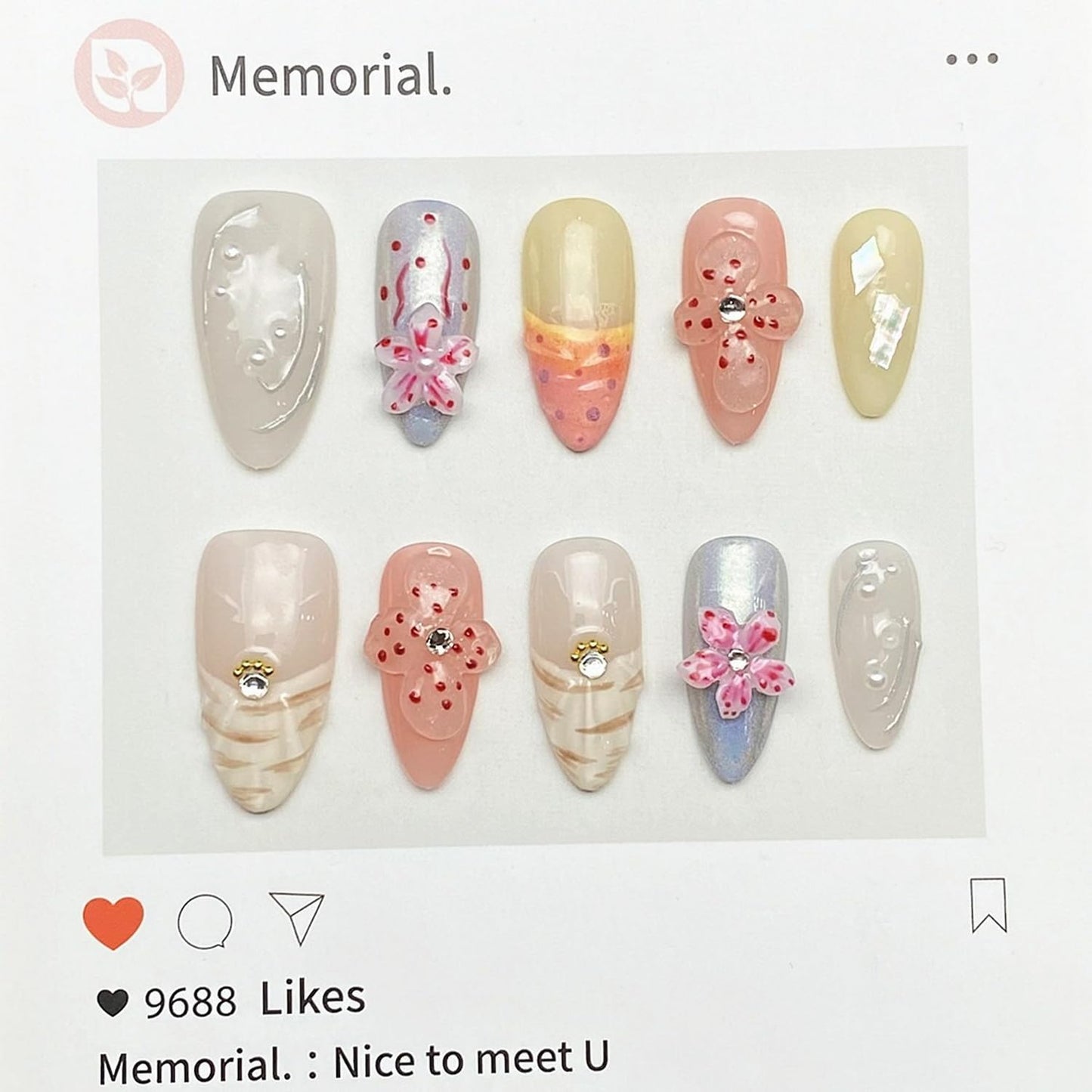 Handmade Press on Nails Medium Almond 3D Flower Fake Nails Unique False Nails with Designs Rhinestones Pearls Glossy Glue on Reusable Thick Acrylic Nails 10Pcs (M)