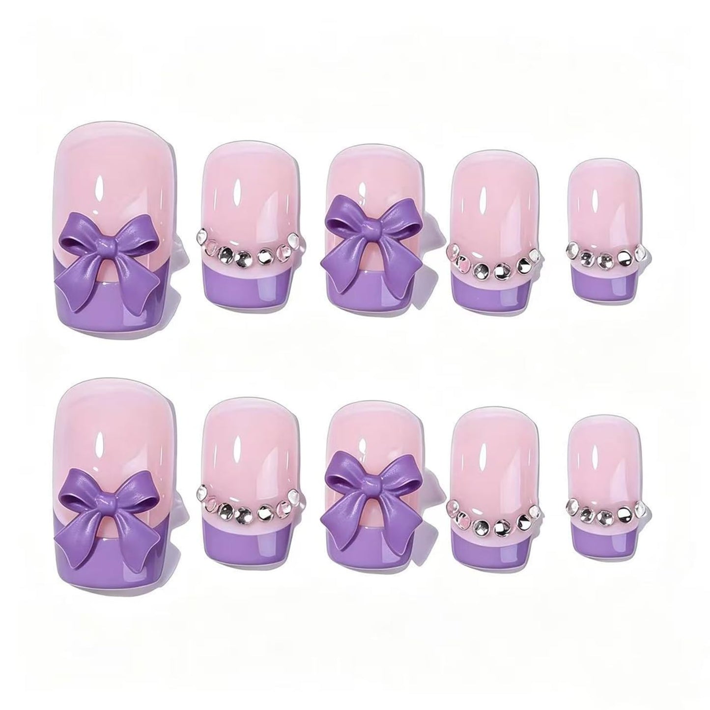Purple French Tip Press on Nails Square Fake Nails with Rhinestone Designs Medium Nails Press ons Bow Full Cover Stick on Nails Soft Artificial Acrylic Nails 24Pcs,12 Size Women Girls Art Kit