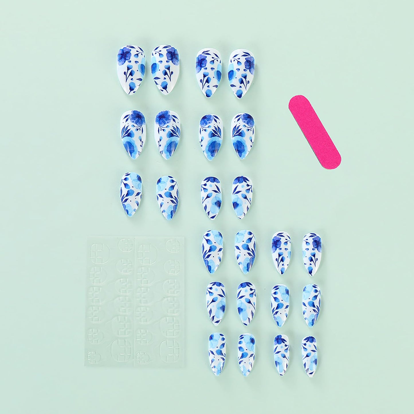 Rilafuvu Press on Nails Almond Fake Nails Short False Nail Blue and White Porcelain Acrylic Nails Full Cover Glue on Nail Glossy Stick on Nail Floral Acrylic Press on Nails Cute/lovely 24Pcs-12Sizes