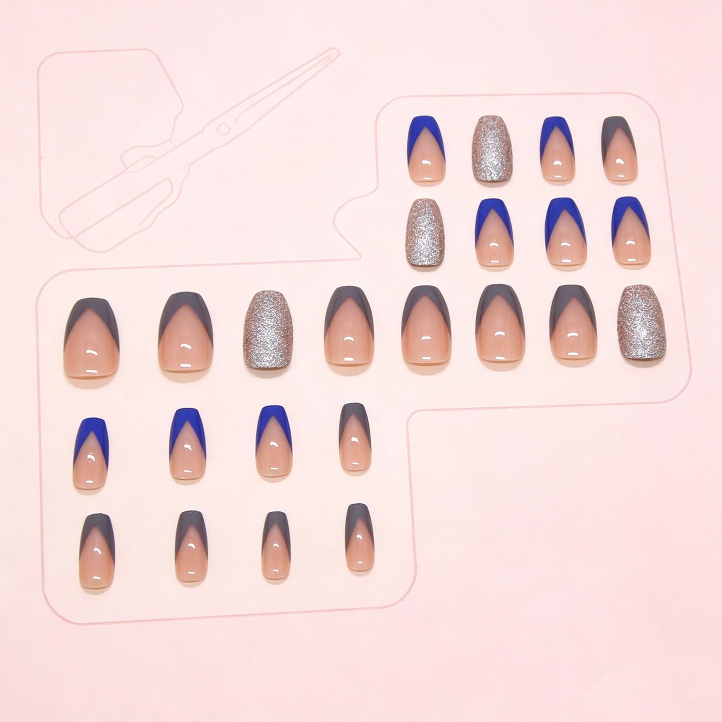 Blue French Tips Press on Nails with V Gray French Tips Design, Medium Coffin Fake Nails Glossy Silver Glitter False Nail Glue on Artificial Fingernails for Work Office Daily Wear
