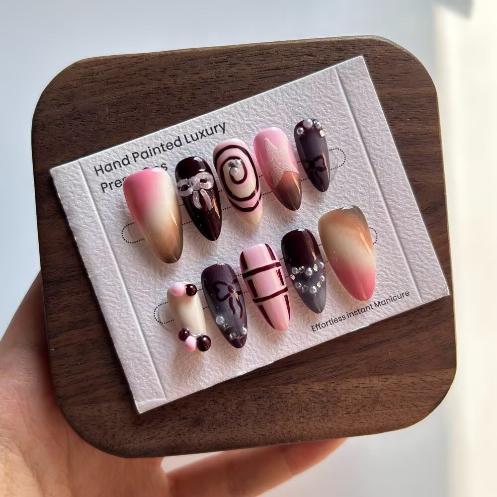10Pcs Spring Summer Press on Nails Almond Shape False Nails with Bow Design Medium Length Fake Nails Handmade Nails Press On 3D Star Fake Nails Reusable Nails for Women (Size S)