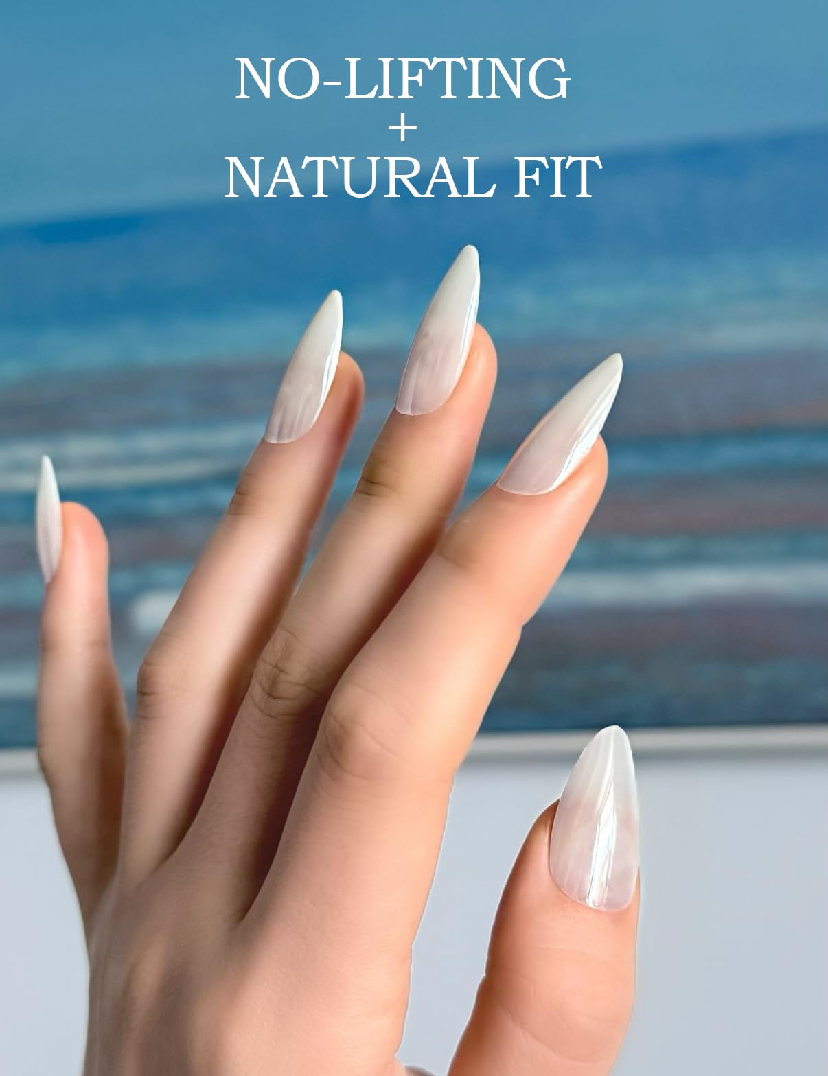 White Chrome Press On Nails Medium Almond, Pearl Milky White Silver Flash Reusable Fake Nails, Salon Quality Long Lasting For Beach Office Daily Wear, 24PCS Manicure Kit Nailinism