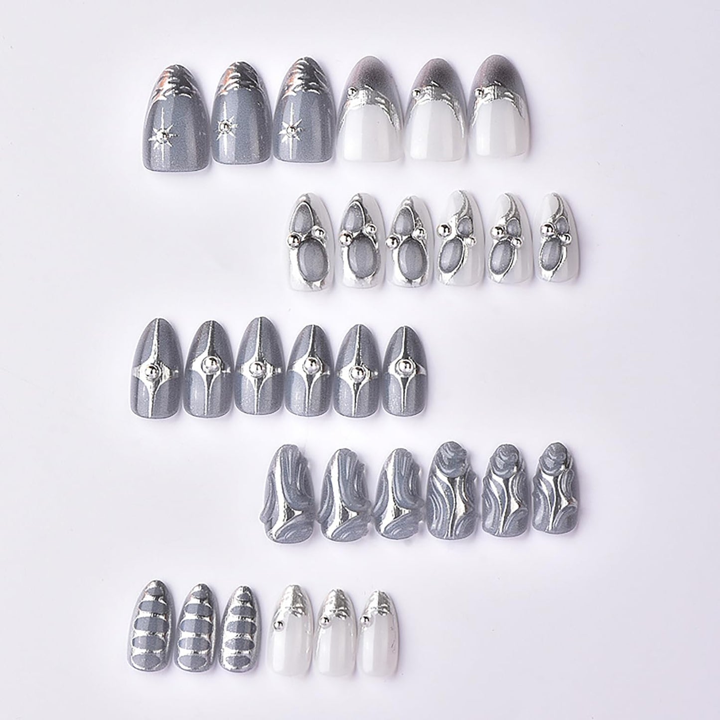 30pcs French Tip Press on Nails Medium Almond Fake Nails with 3d Rhinestones Designs Glue on Nails Gothic Silver Star False Nails Grey Glossy Full Cover Artificial Acrylic Nail Decoration for Women