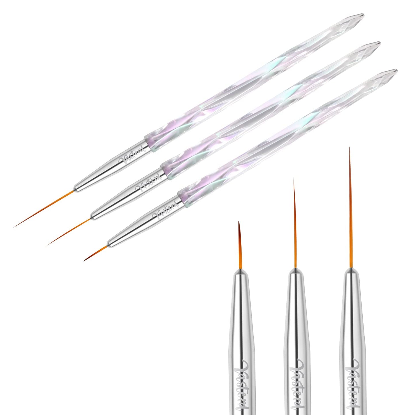 Yasterd Nail Art Liner Brushes, UV Nail Gel Polish Painting Nail Art Design Brush Pen Set for Long Lines, Short Strokes, Details, Blending, Elongated Lines Sizes 5/7/9/11/20/25mm Crystal Handle 6Pcs