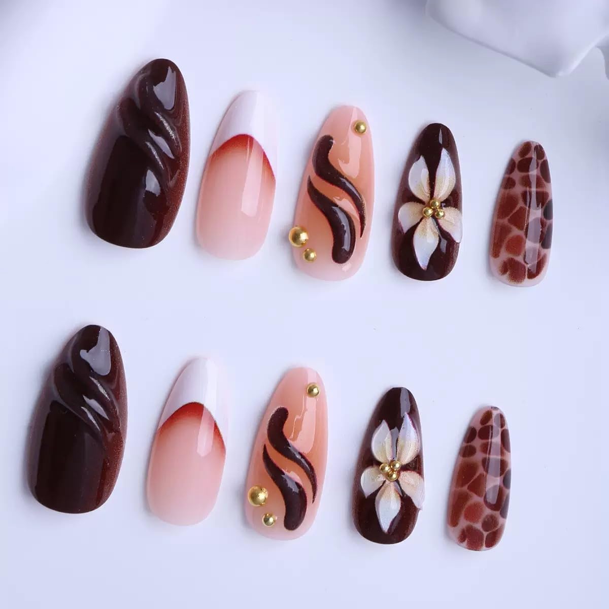 Almond Press on Nails Medium - Brown Fake Nails with Flower Design - Winter, Ombre Fasle Nails Press ons - for Women 24 Pcs