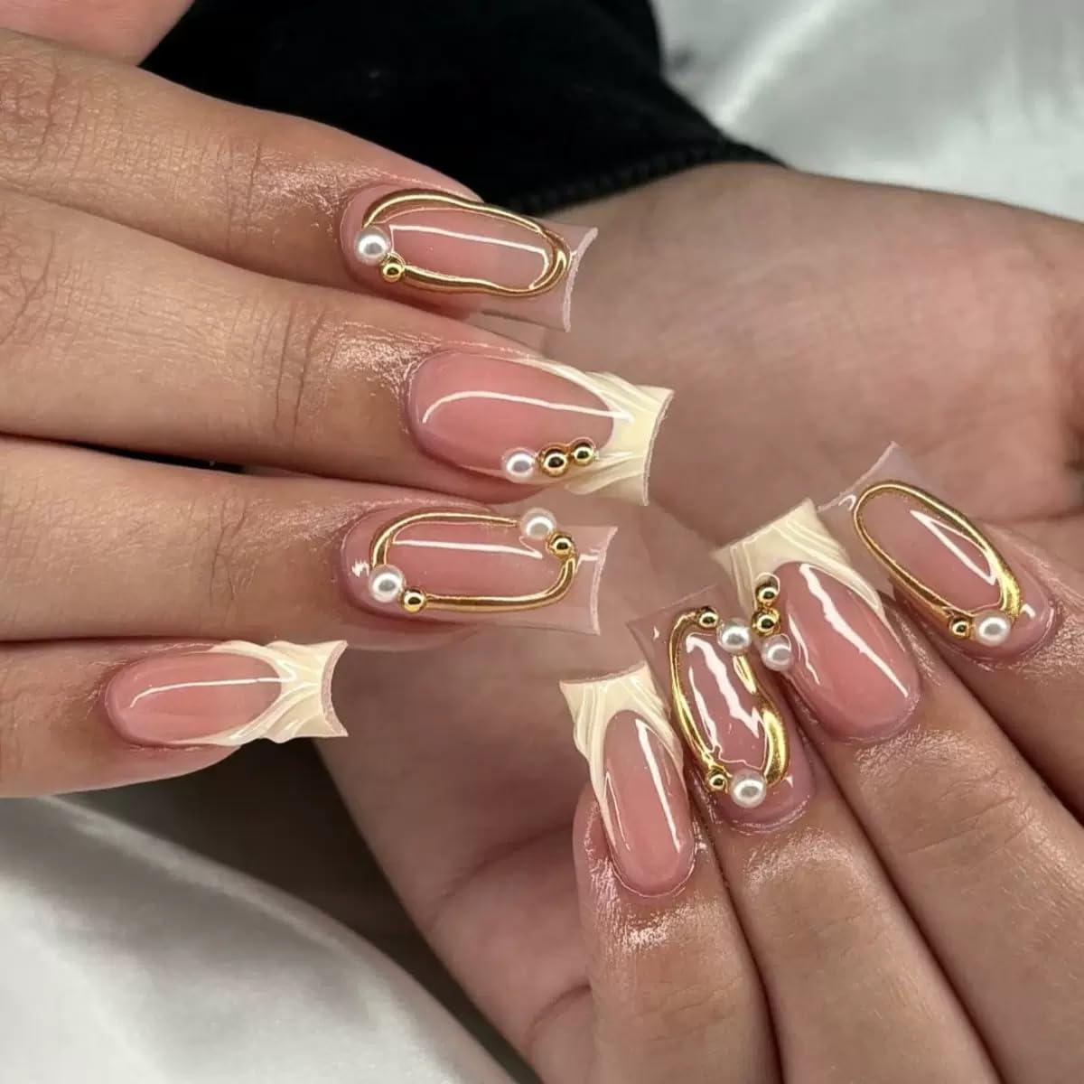 Medium Press on Nails Square - French Tip Fake Nails with Gold Line Design - 3D, Golssy Full Cover Stick on False Nails - for Women 24 Pcs