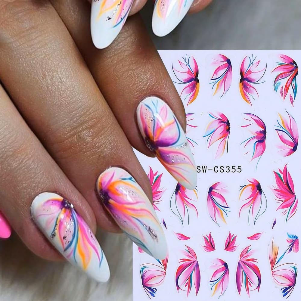 Flowers Nail Art Stickers Retro Cherry Blossom Petals Nail Art Decals 6Sheets 3D Self-Adhesive Lavender Floral Nail Stickers Purple Flower Letter Nail Decals for Women Summer Manicure Decorations