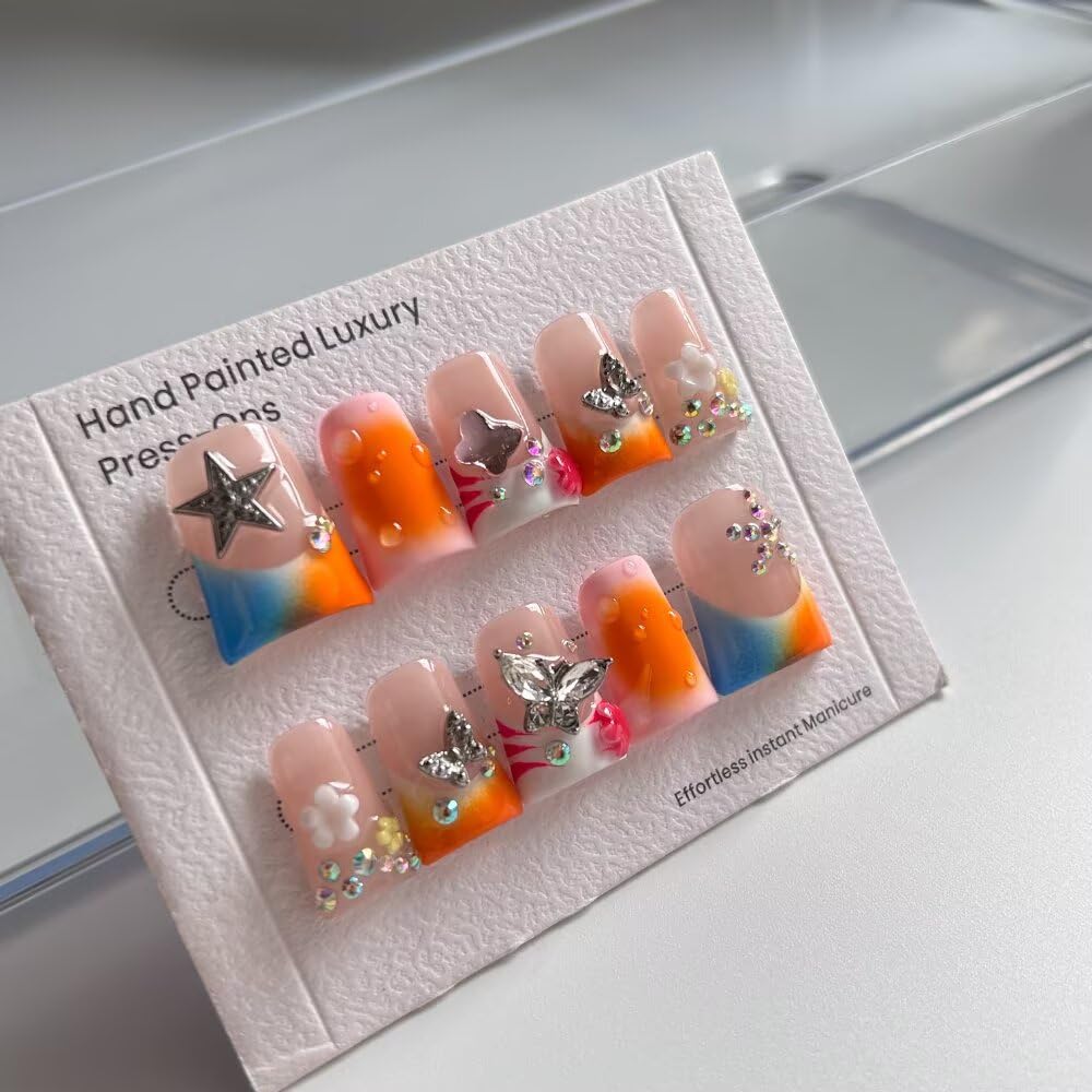 MXYIYANR Press On Nails - Handmade Nails Yellow Duck Nails for Women, French Pearl Tips Luxury Reusable Stick On Fake Nails, DIY Art Decorate with Nail File Kit (SIze S)