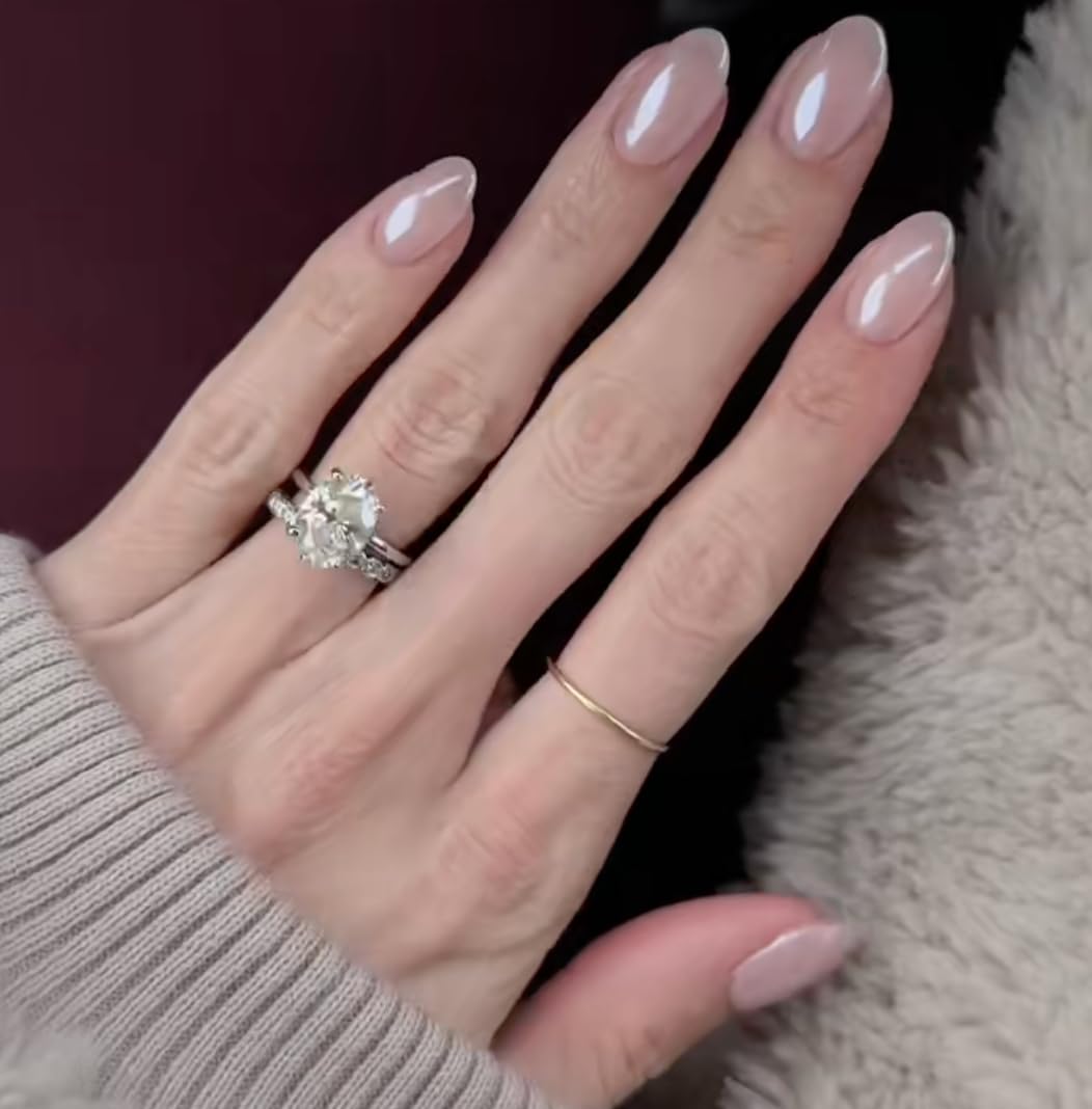 CurvLife Oval Press On Nails Short – Soft Gel Champagne Pearl Salon Quality False Nails with Glue, Long Lasting Daily Nail Tips for Women
