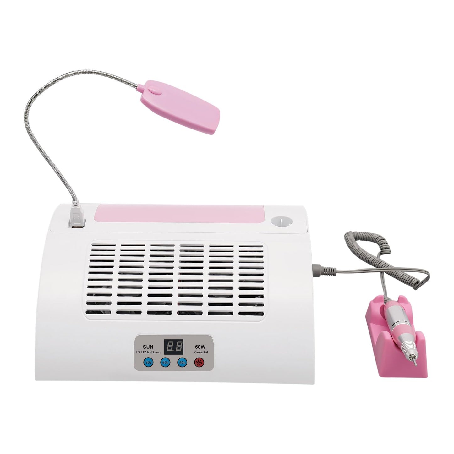 XIJIE Nail Dust Collector 5-in-1, Professional Collector Dust Extractor, Electric Nail Drill Machine, Charging and Lighting Nail Machine w/UV + LED Lamp for Salon & Home (60W) (Pink+White)