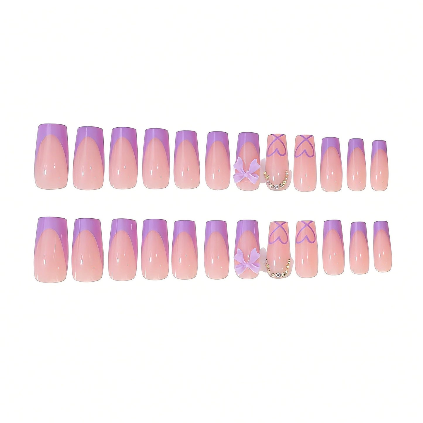 CTTHNBD Medium Press on Nails Coffin - Purple French Tip Fake Nails with Bow Charms Design - Heart False Nails Press ons - for Women 24 Pcs