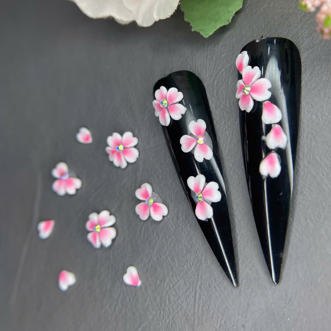 Set White Pink 3D Flowers for Nails, Handmade 3D Acrylic Flowers for Valentine Nails, Wedding Flower Nail Charms Rhinestones Gems by Acrylic Powder Design Deco Nail Art Women Girls (Pink Heart)
