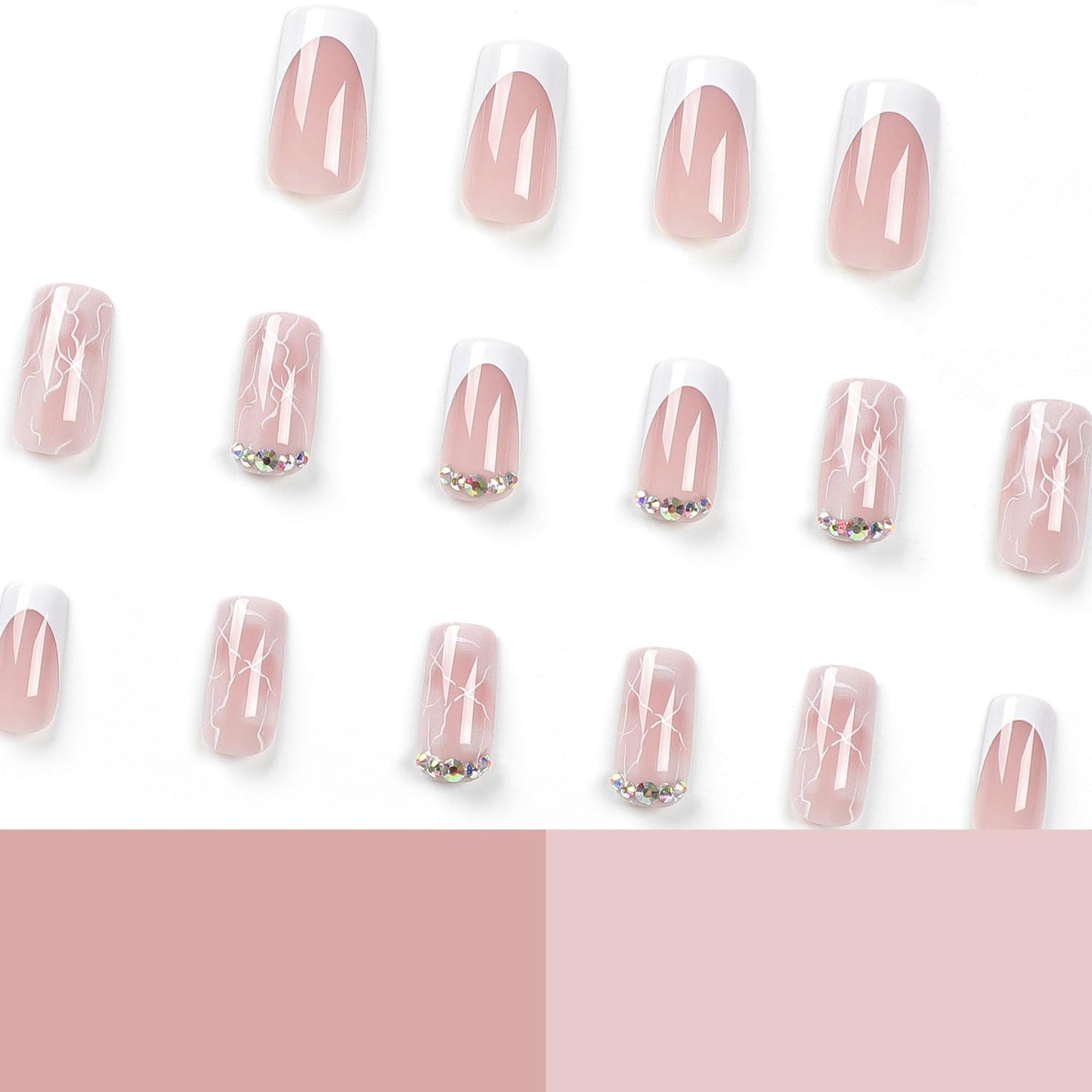 Vezocim French Artificial Fake Square Nails, 24Pcs Nude Press on Nails Medium Coffin with Rhinestone Designs, Glossy Full Cover Acrylic False Nail, Glue Fake Fingernails with Charm for Women