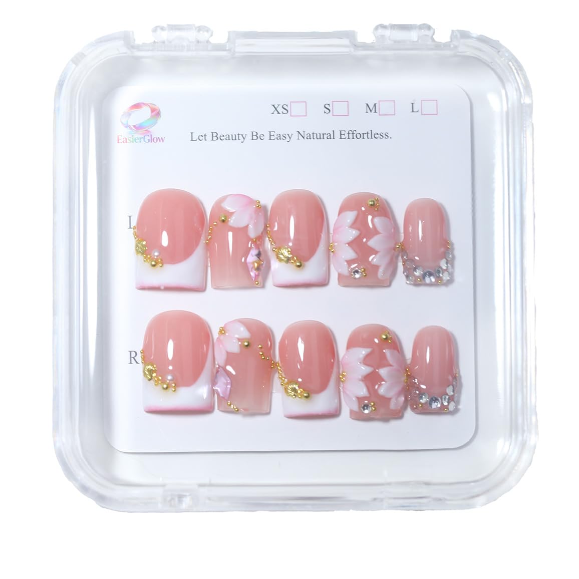 10Pcs Short Square Handmade Press On Nails | Easy Apply & Remove, Reusable Salon Quality Nails | Elegant Blush Pink Fake Nails with 3D Sakura Flower, Gold Seashell & Rhinestone Accents (O912, M)