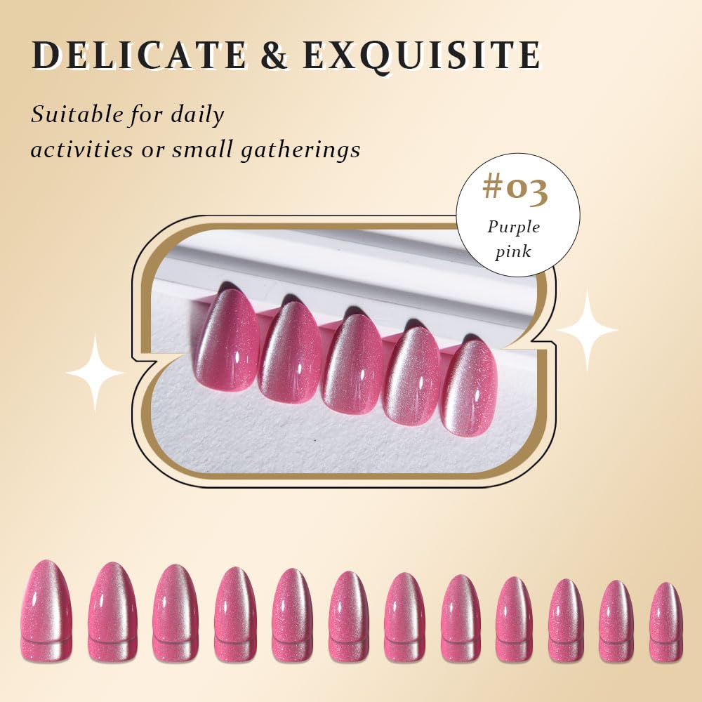 evpct Rose Red Cat Eye Real Short Press on Nails Almond, Petite Short Almond Stick on Nails for Women Gift, Rose Red Holographic Glossy Fake Nail Reusable, Soft Press on Acrylic Nail with Designs
