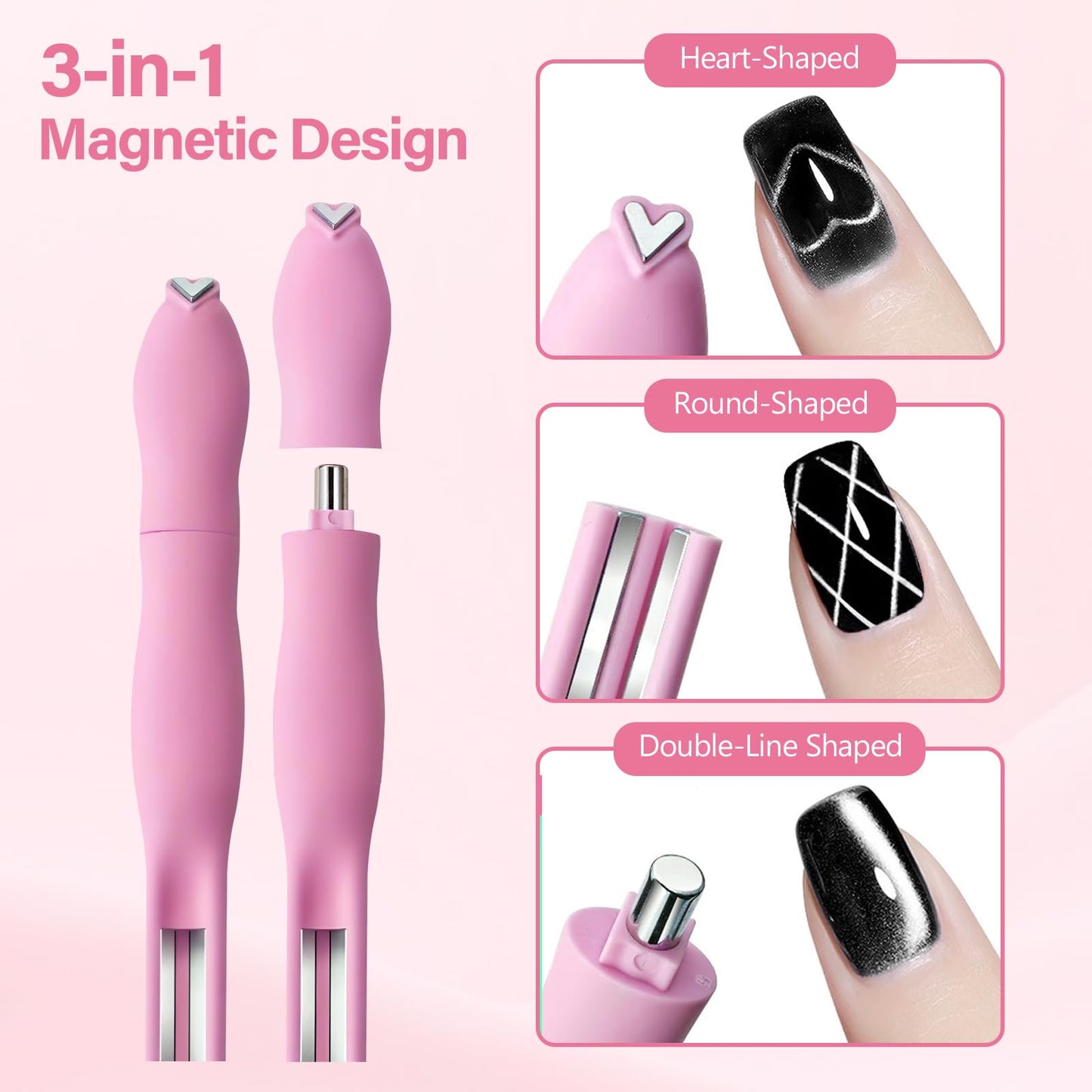 TOROKOM Cat Eye Magnet for Nails - Heart Cat-Eye Magnets Tool 3 in 1 Cylinder Cat Eye Magnet with Ball Magnets French Nail Polish Magnet for Cat Eye Effect