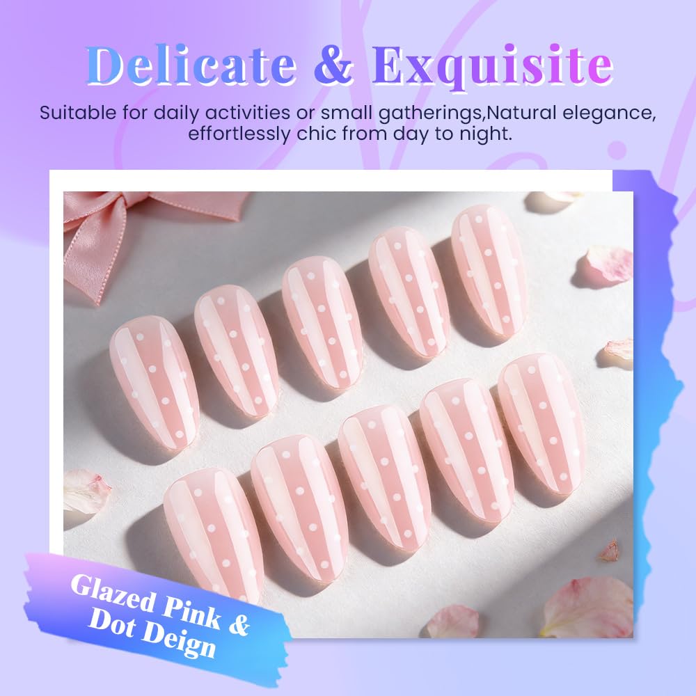 evpct Nude Pink Glazed Press on Nails Medium Almond No Glue, Medium Almond with White Dot Design Chrome Metallic Aurora Stick on Nail for Women, Reusable Full Cover Soft Press on Fake Nail